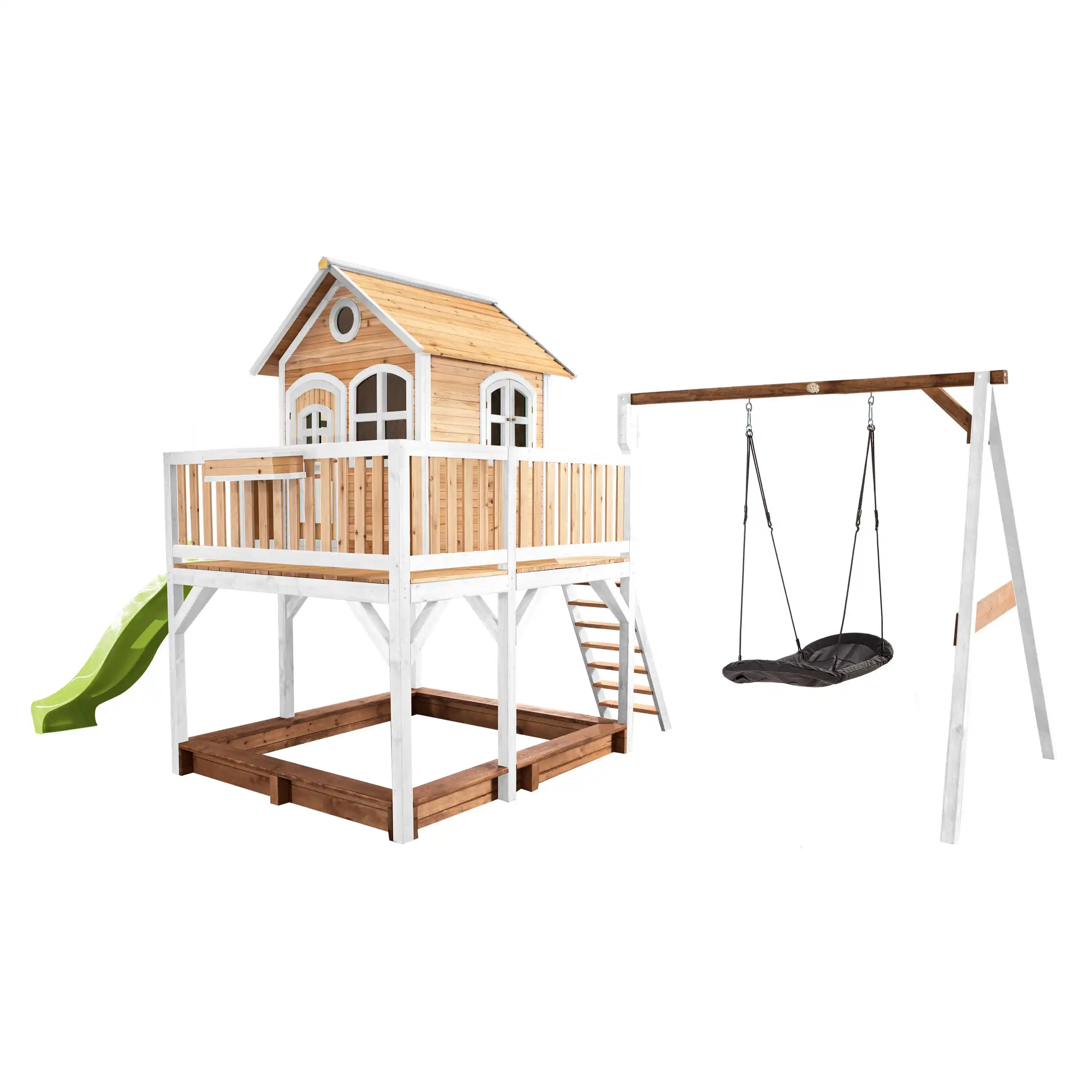 AXI Liam Playhouse with Roxy Nest Swing Set Brown/White - Lime Green Slide