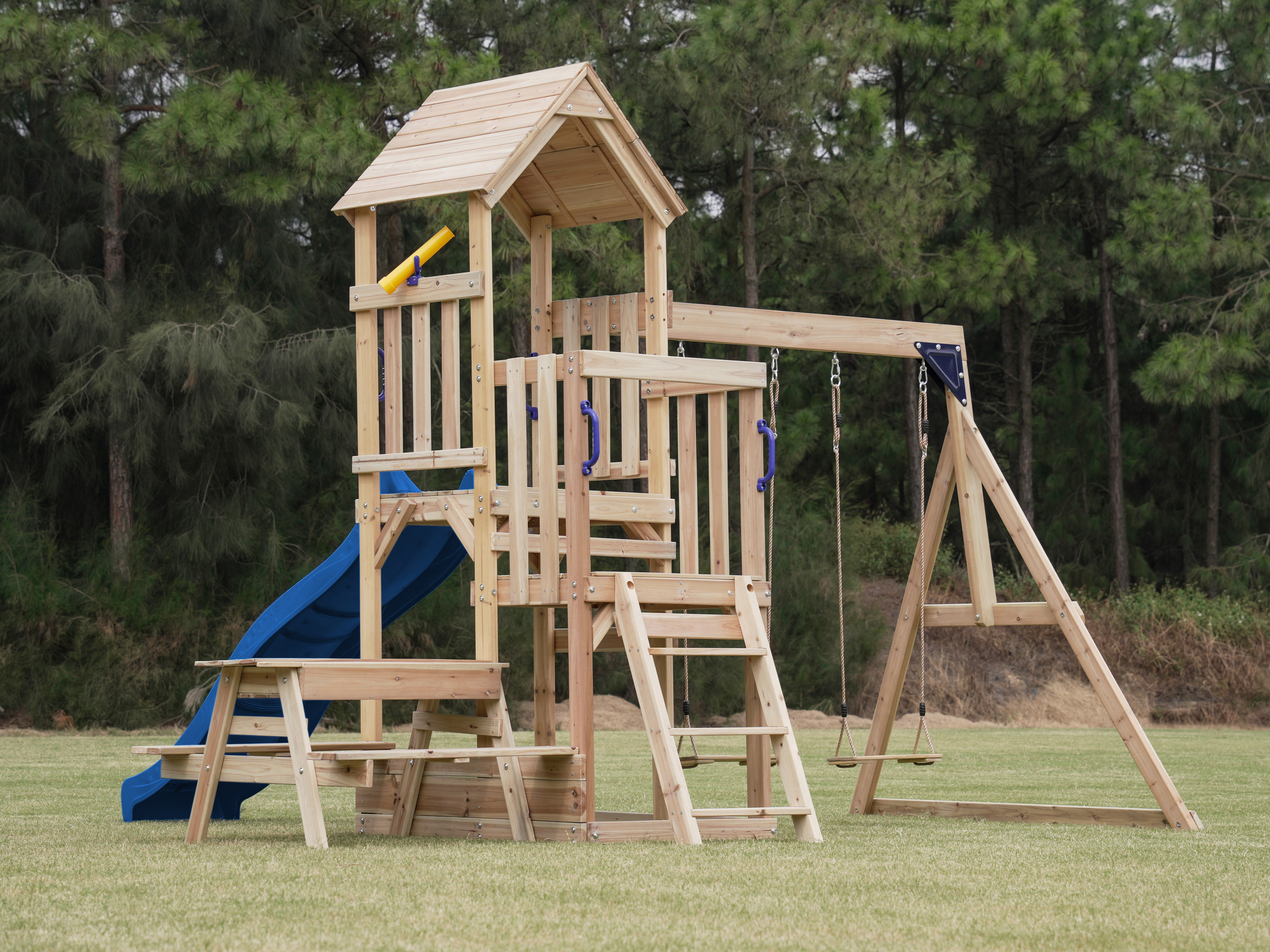 AXI Mette Climbing Frame with Double Swing Set and Picnic Table - Blue Slide