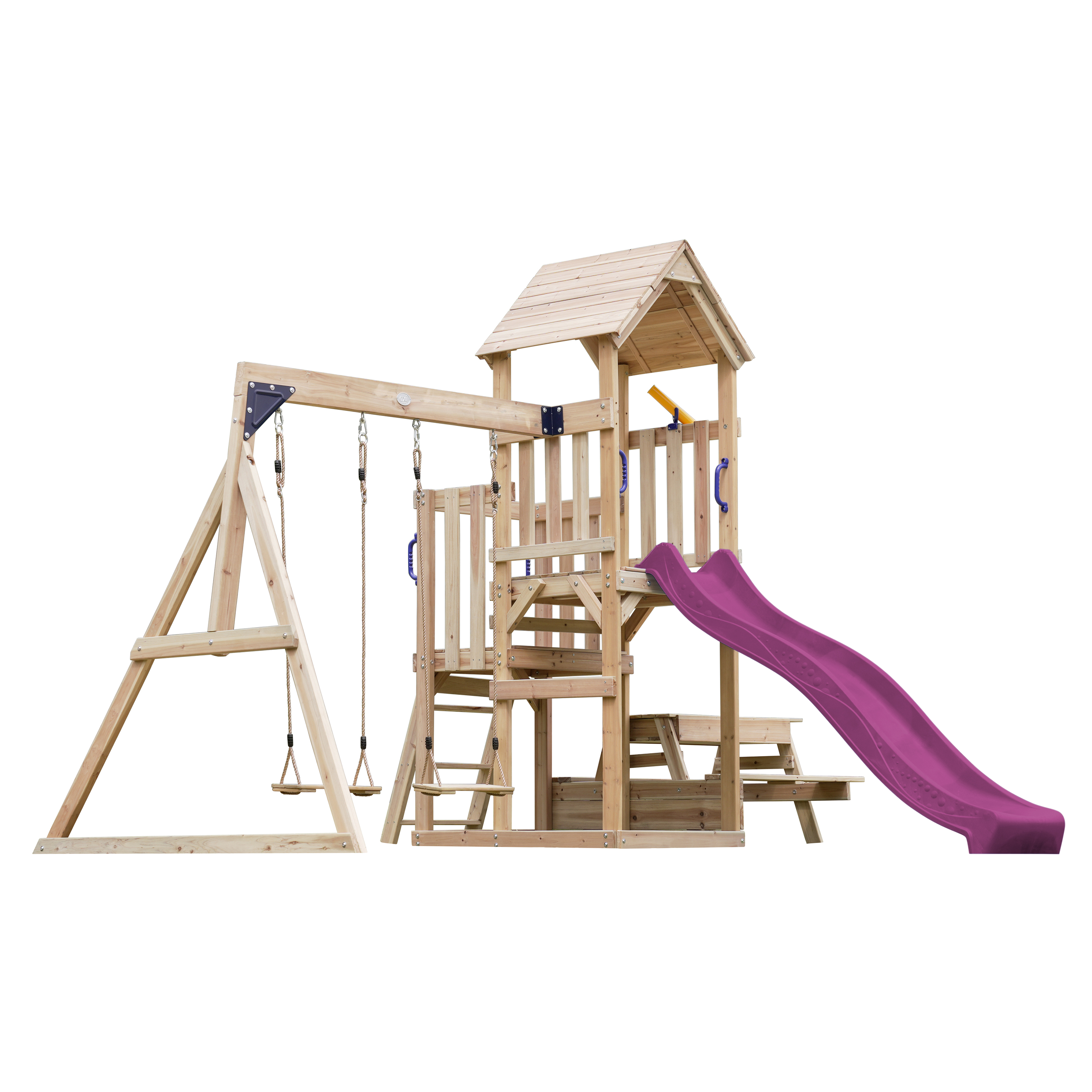 AXI Mette Climbing Frame with Double Swing Set and Picnic Table - Purple Slide