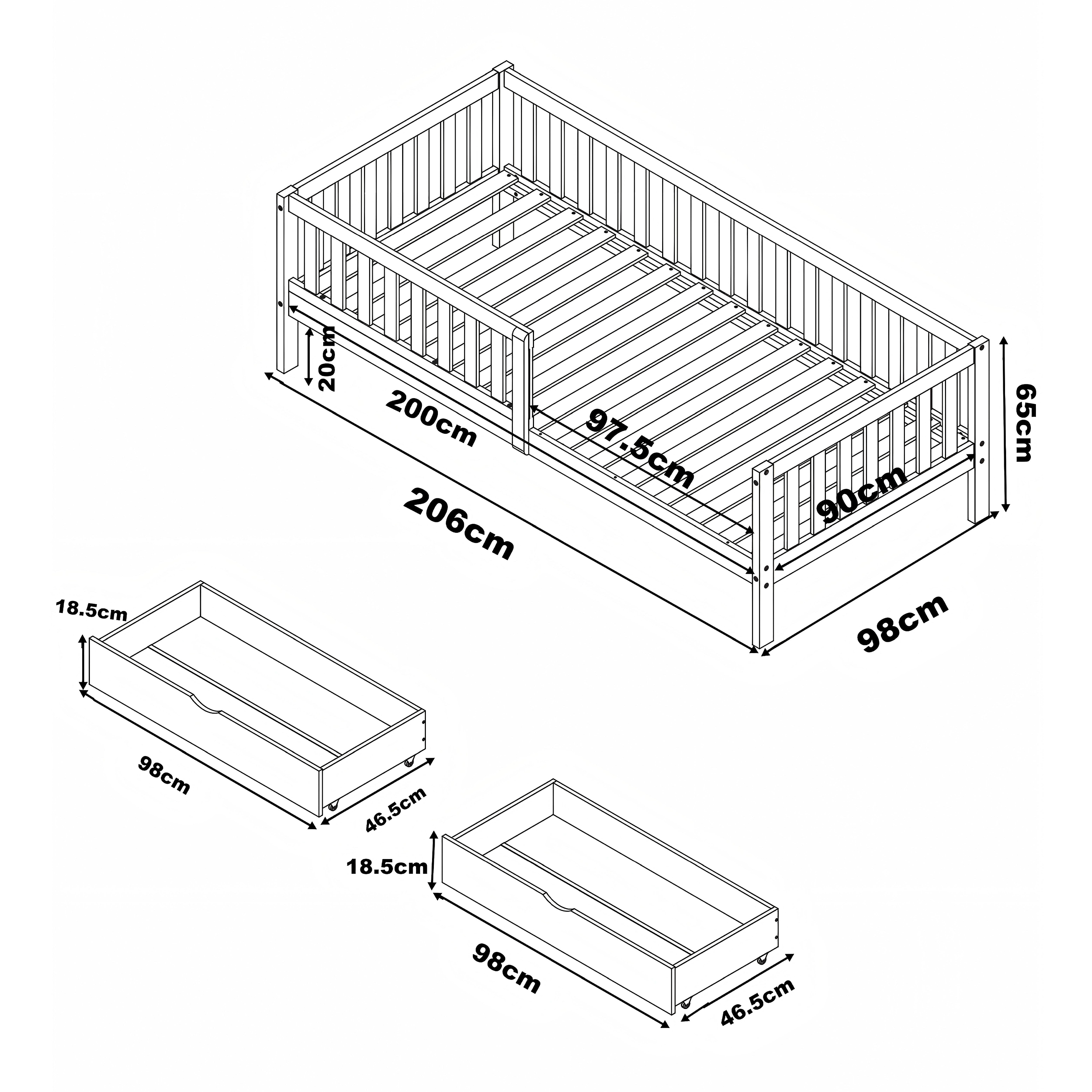 Sunny Isa Kids Bed with 2 Storage Drawers and Guardrail Grey – With Mattress
