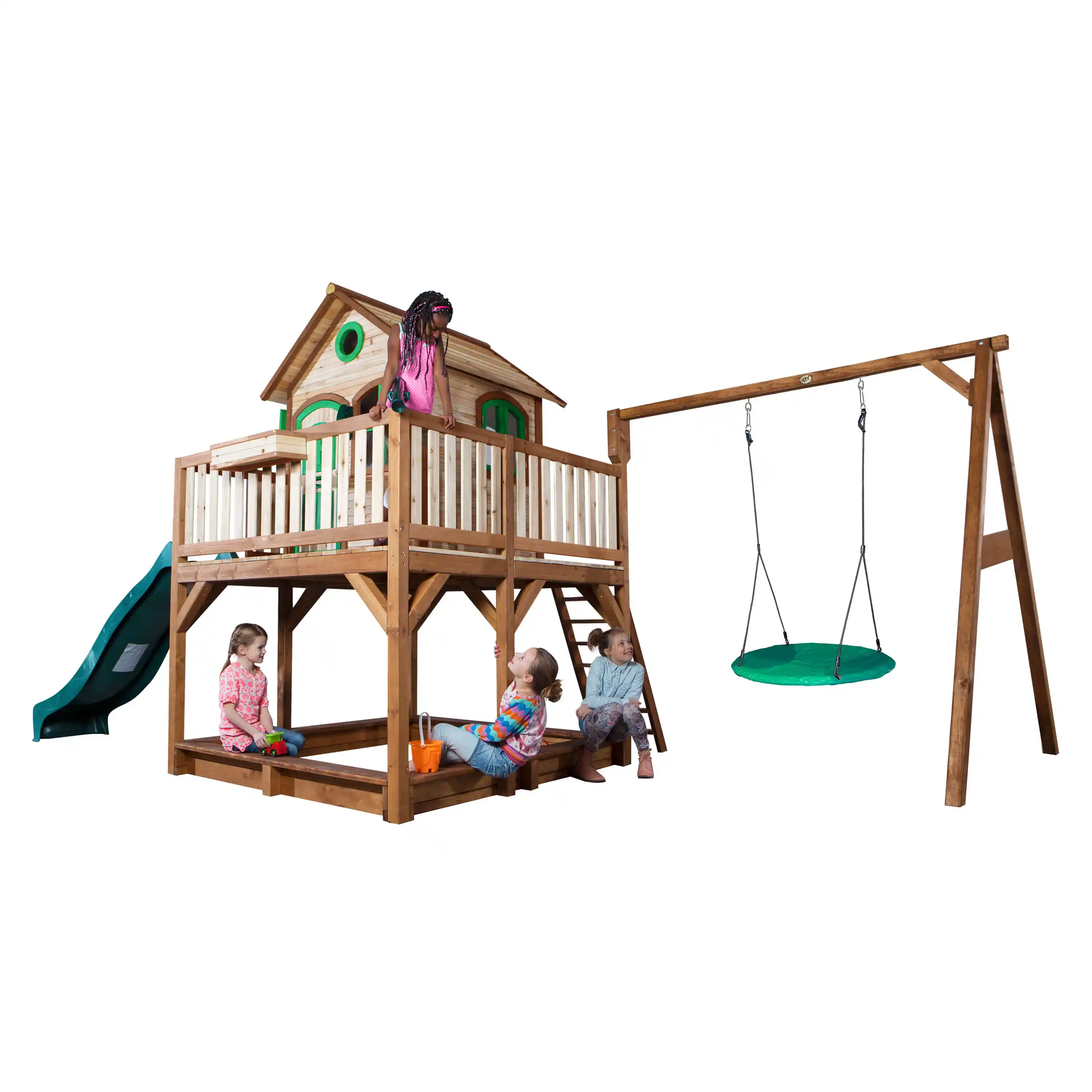 AXI Liam Playhouse with Summer Nest Swing Set Brown/Green - Green Slide