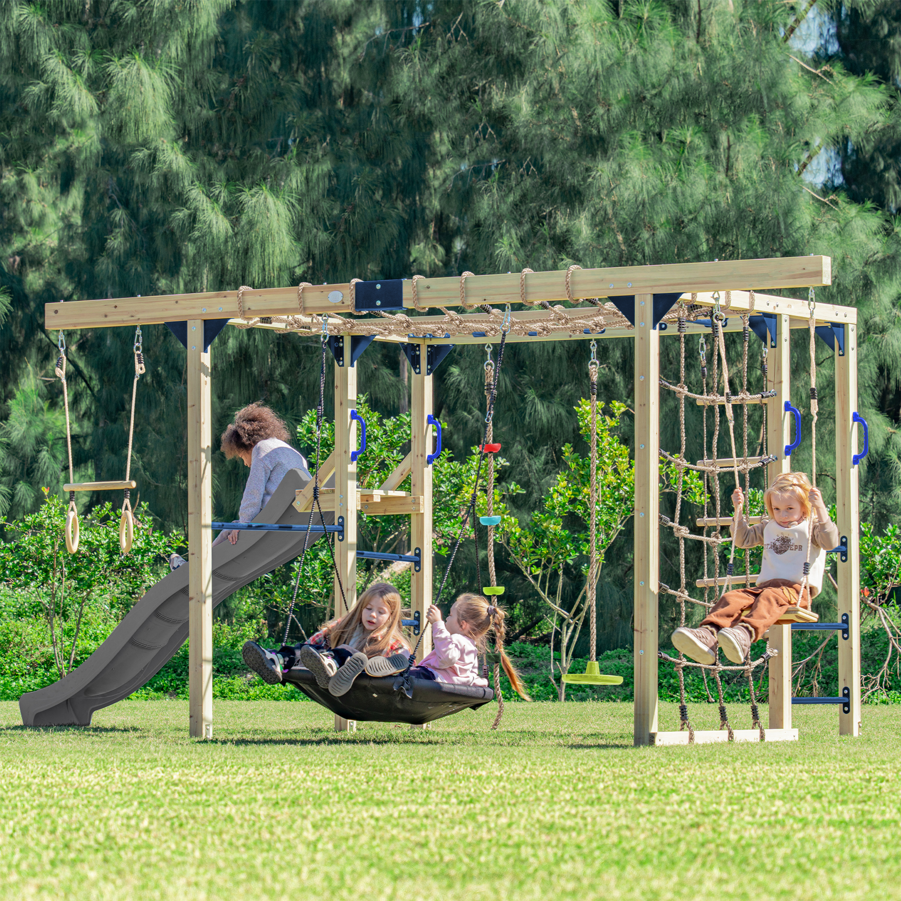 AXI Boris Wooden Playcentre with Swings. Trapeze. Climbing Nets and Monkey Bars – Grey Slide