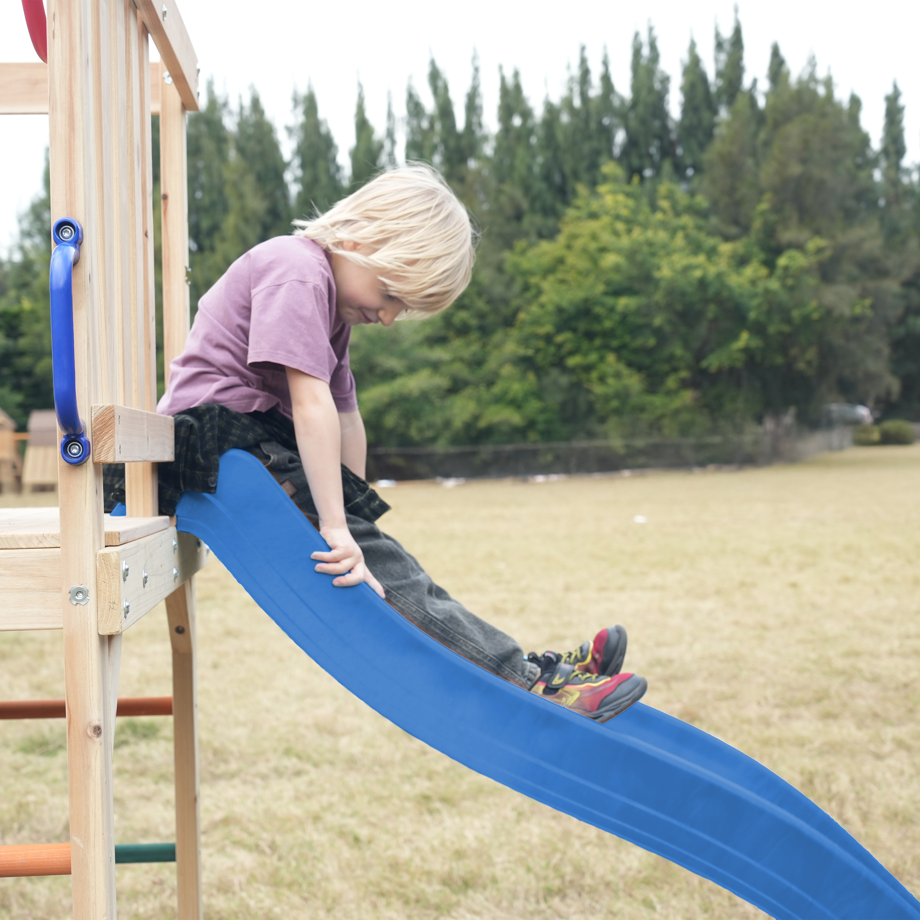 AXI Sam Climbing Frame with Climbing Wall. Climbing Net and Monkey Bars – Blue Slide