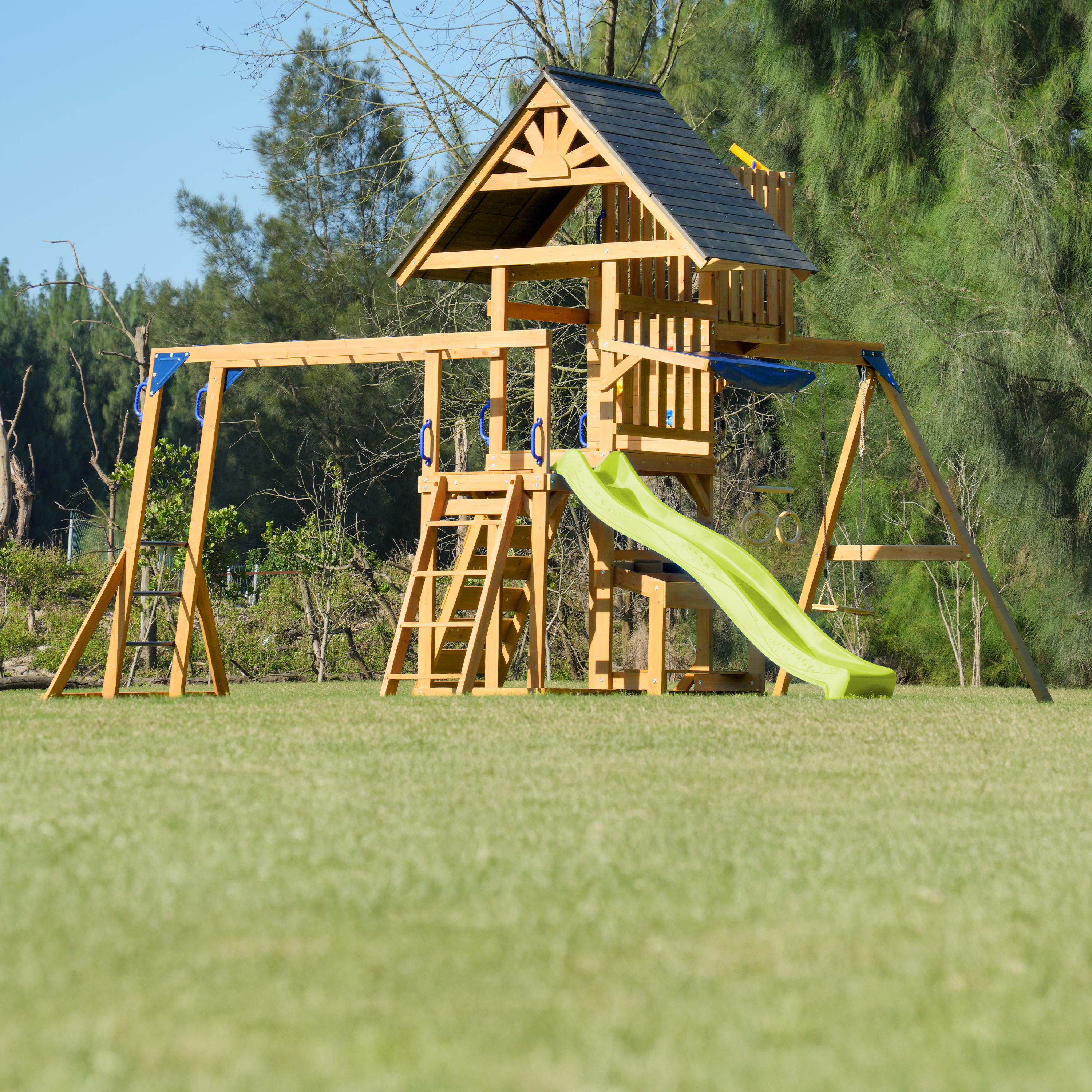 AXI Mitch Climbing Frame with Double Swing, Trapeze and Lookout Tower – Lime Green Slide