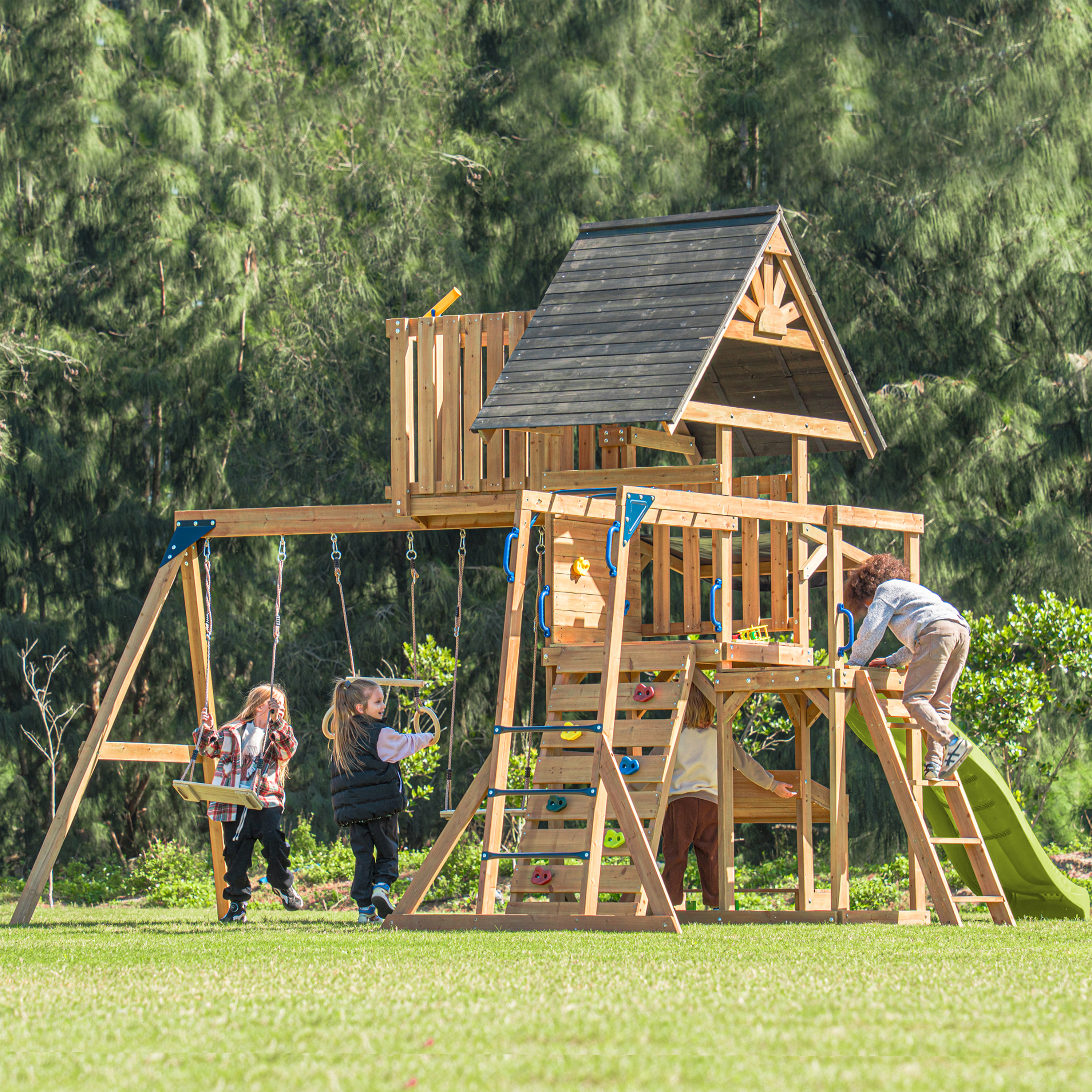 AXI Mitch Climbing Frame with Double Swing, Trapeze and Lookout Tower – Lime Green Slide