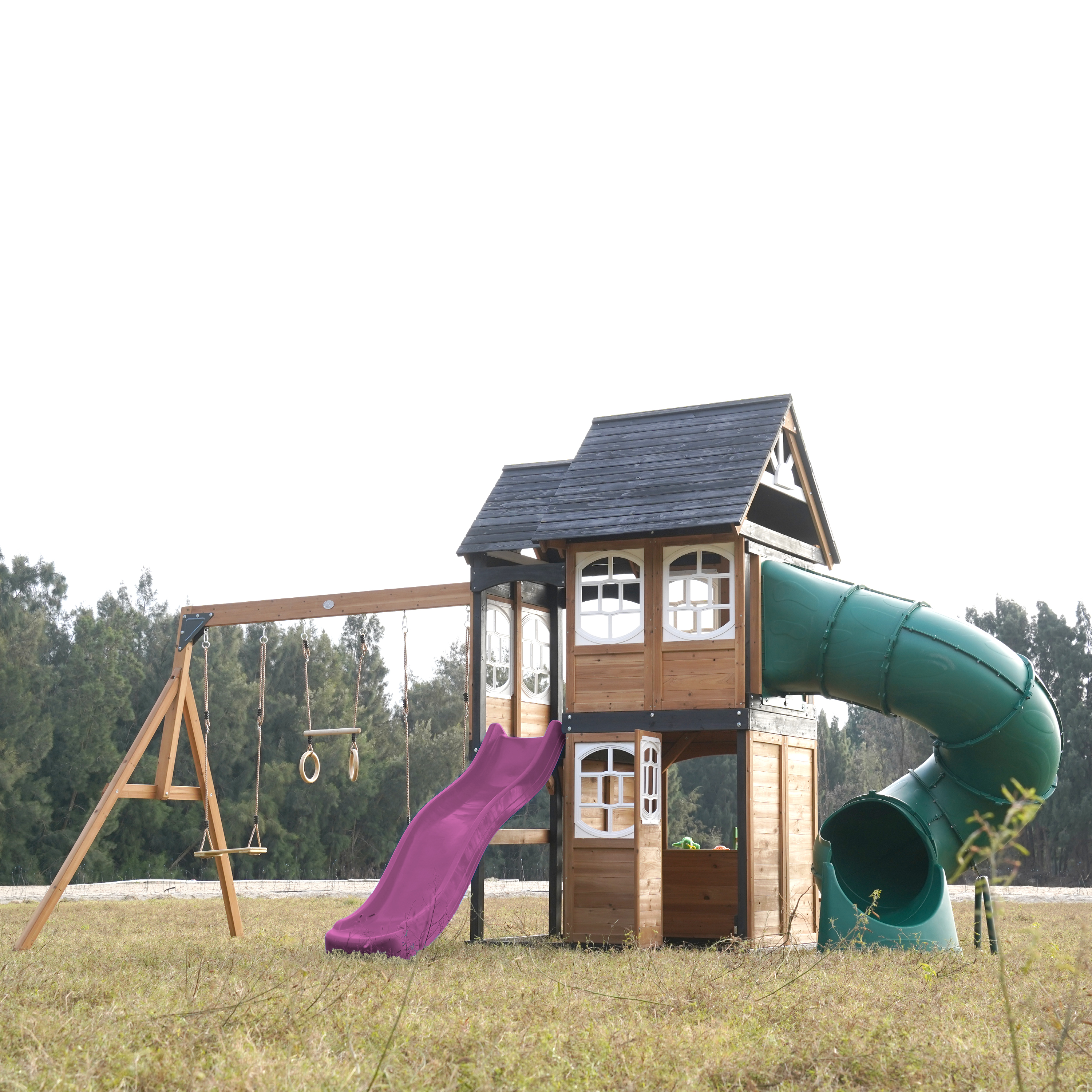 AXI Noud Climbing Frame with Playhouse, Swings, Trapeze and Climbing Wall – Purple Slide and Tube Slide