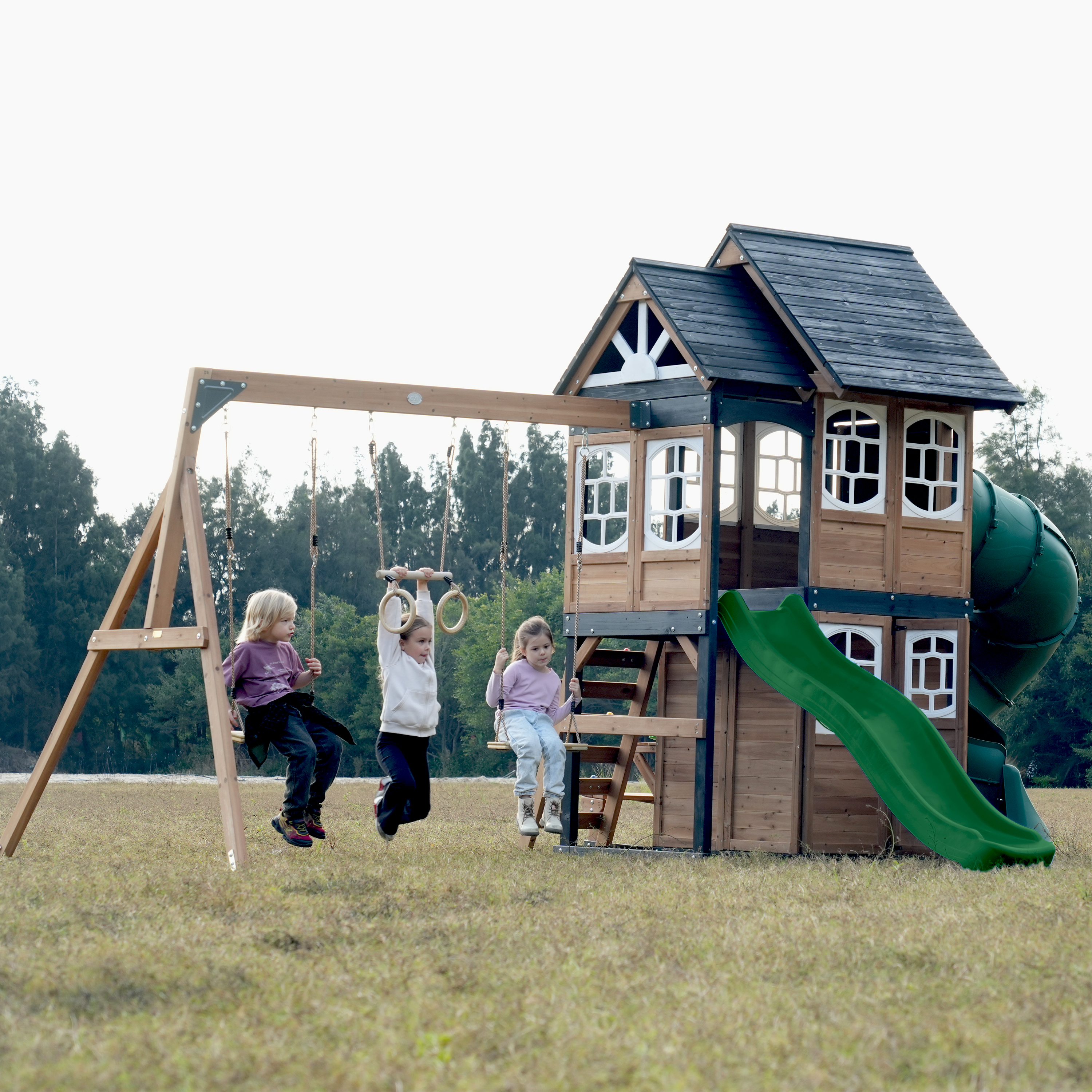 AXI Noud Climbing Frame with Playhouse, Swings, Trapeze and Climbing Wall – Green Slide and Tube Slide