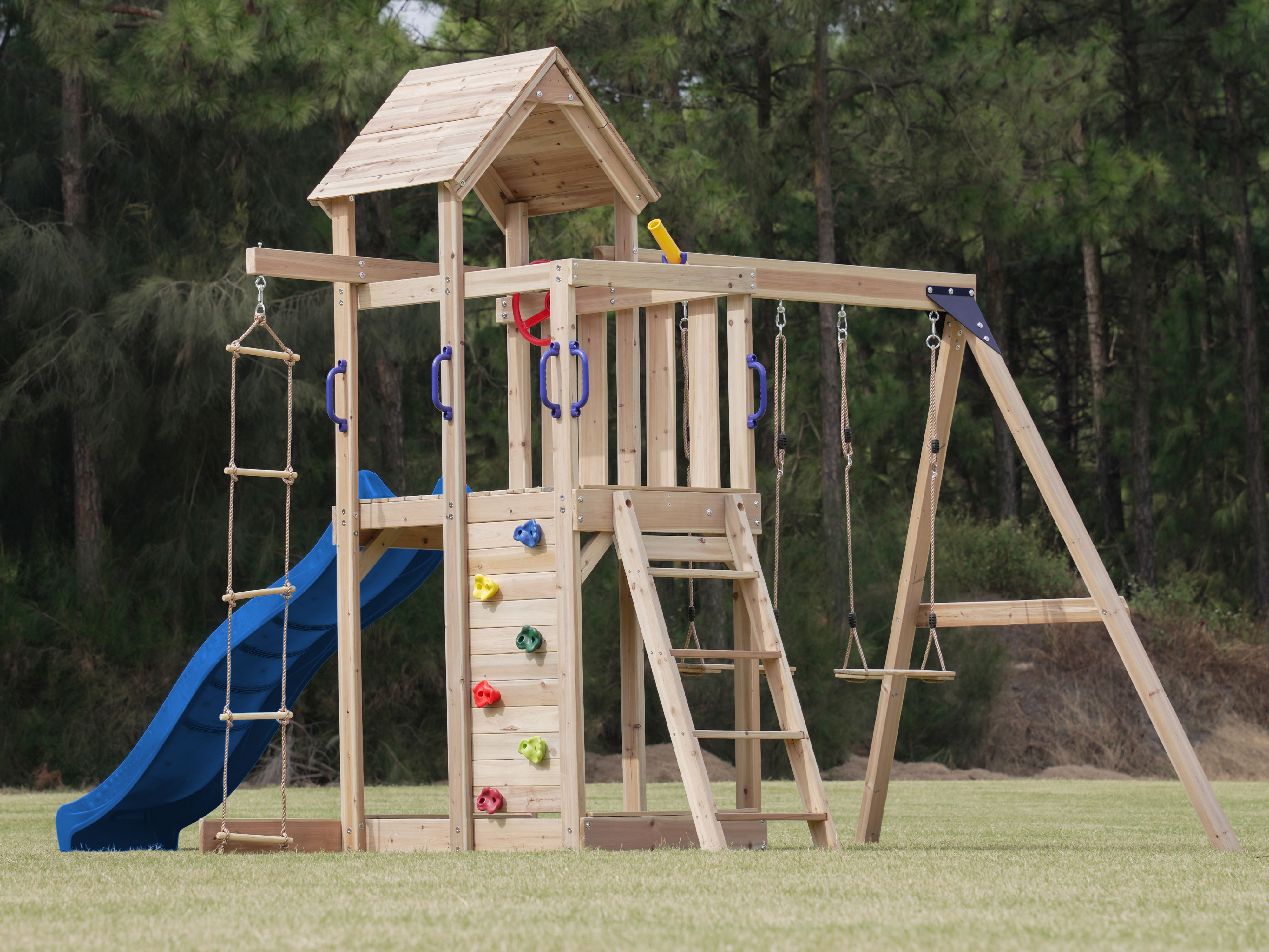 AXI Moos Climbing Frame with Double Swing Set - Blue Slide