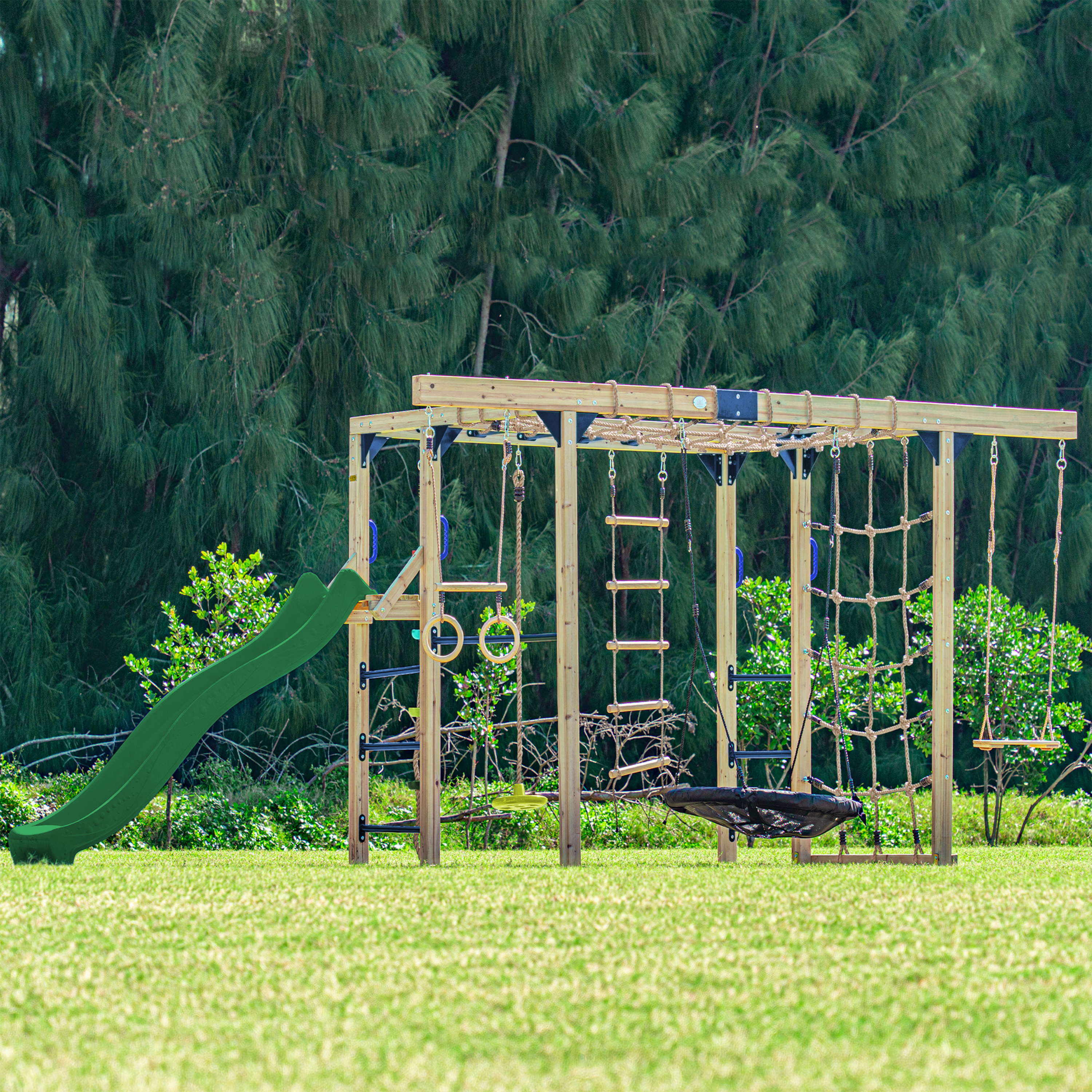 AXI Boris Wooden Playcentre with Swings. Trapeze. Climbing Nets and Monkey Bars – Green Slide-8720365066627 AXI Boris Wooden Playcentre with Swings. Trapeze. Climbing Nets and Monkey Bars – Green Slide