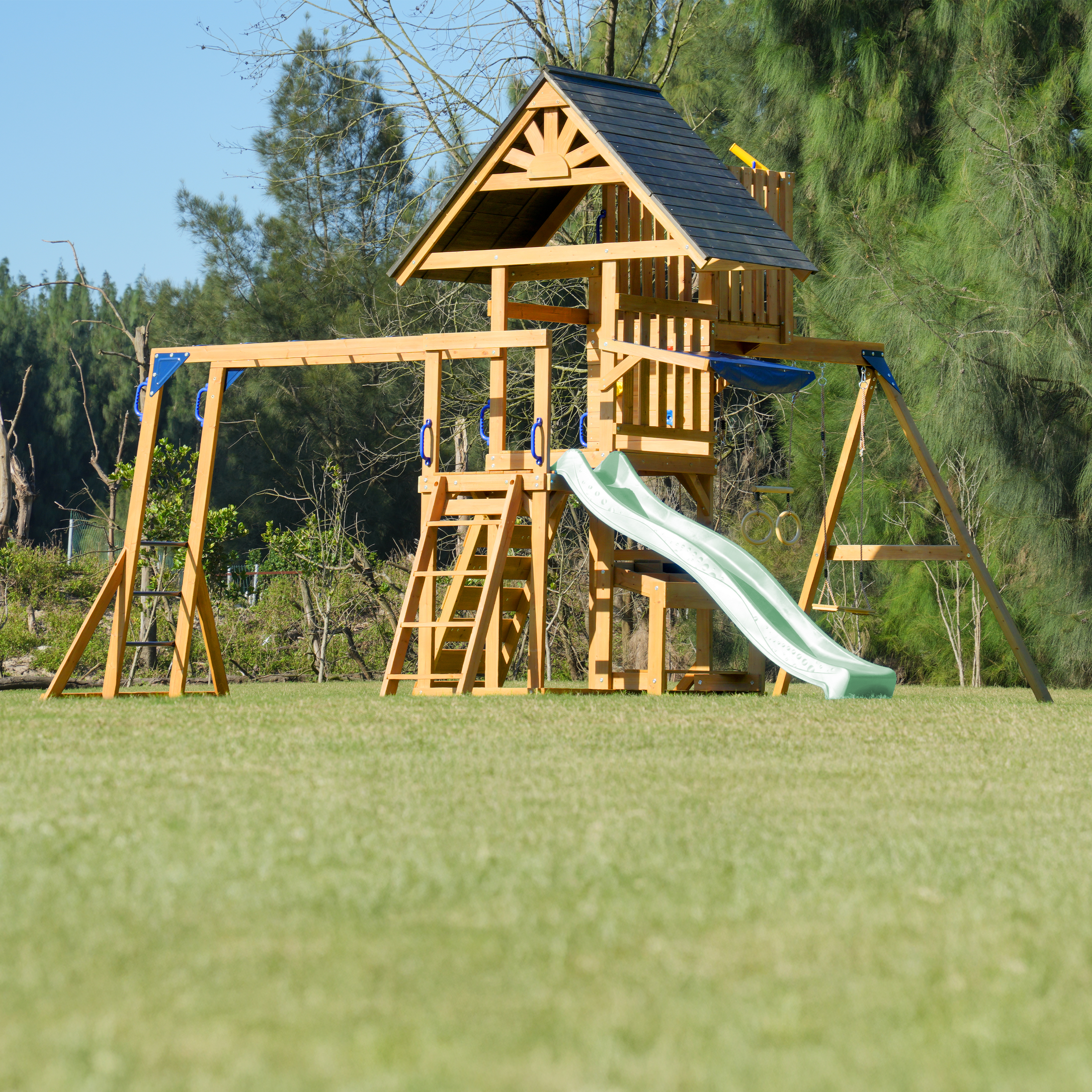AXI Mitch Climbing Frame with Double Swing, Trapeze and Lookout Tower – Pastel Green Slide