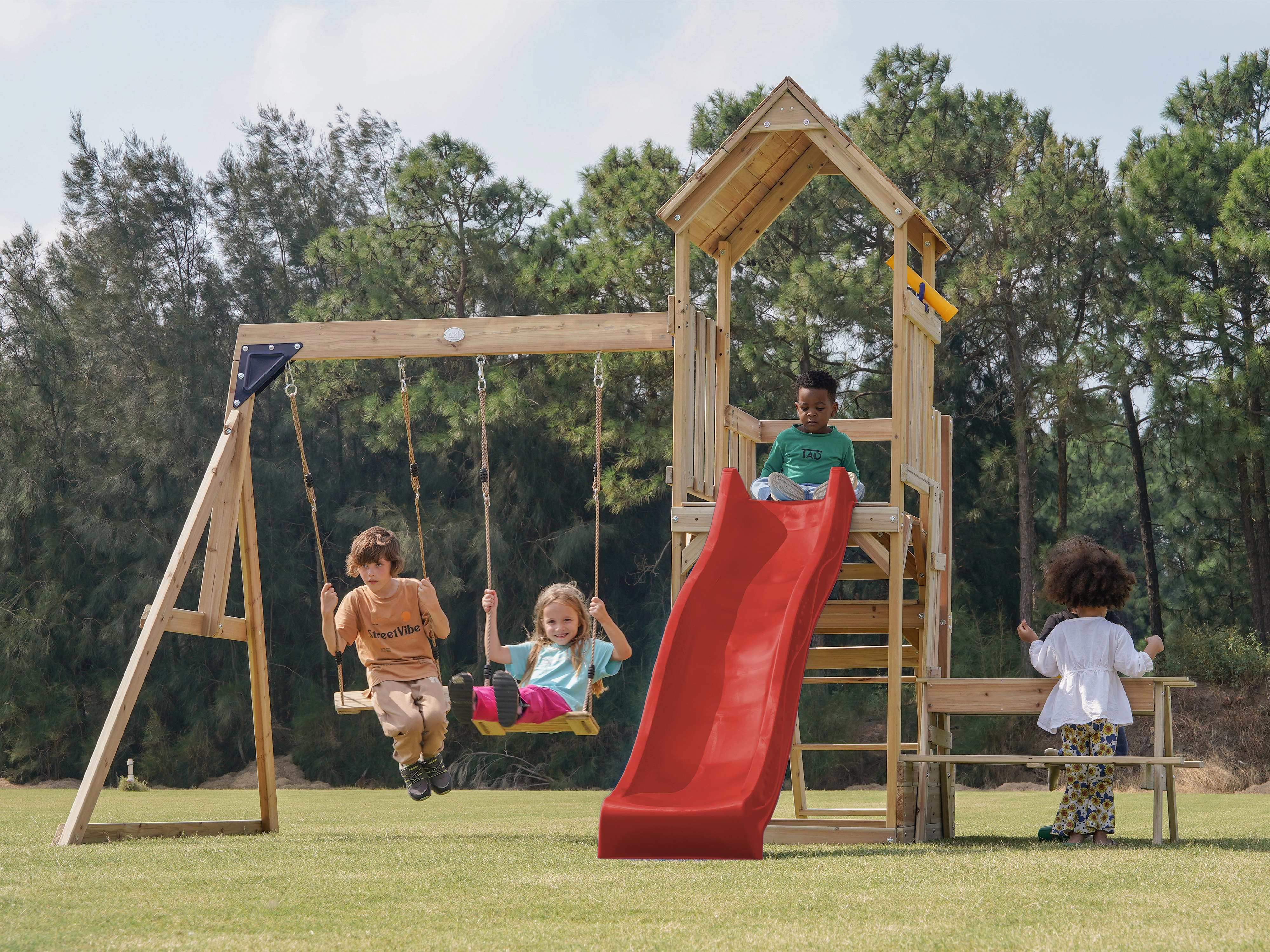 AXI Mette Climbing Frame with Double Swing Set and Picnic Table - Red Slide