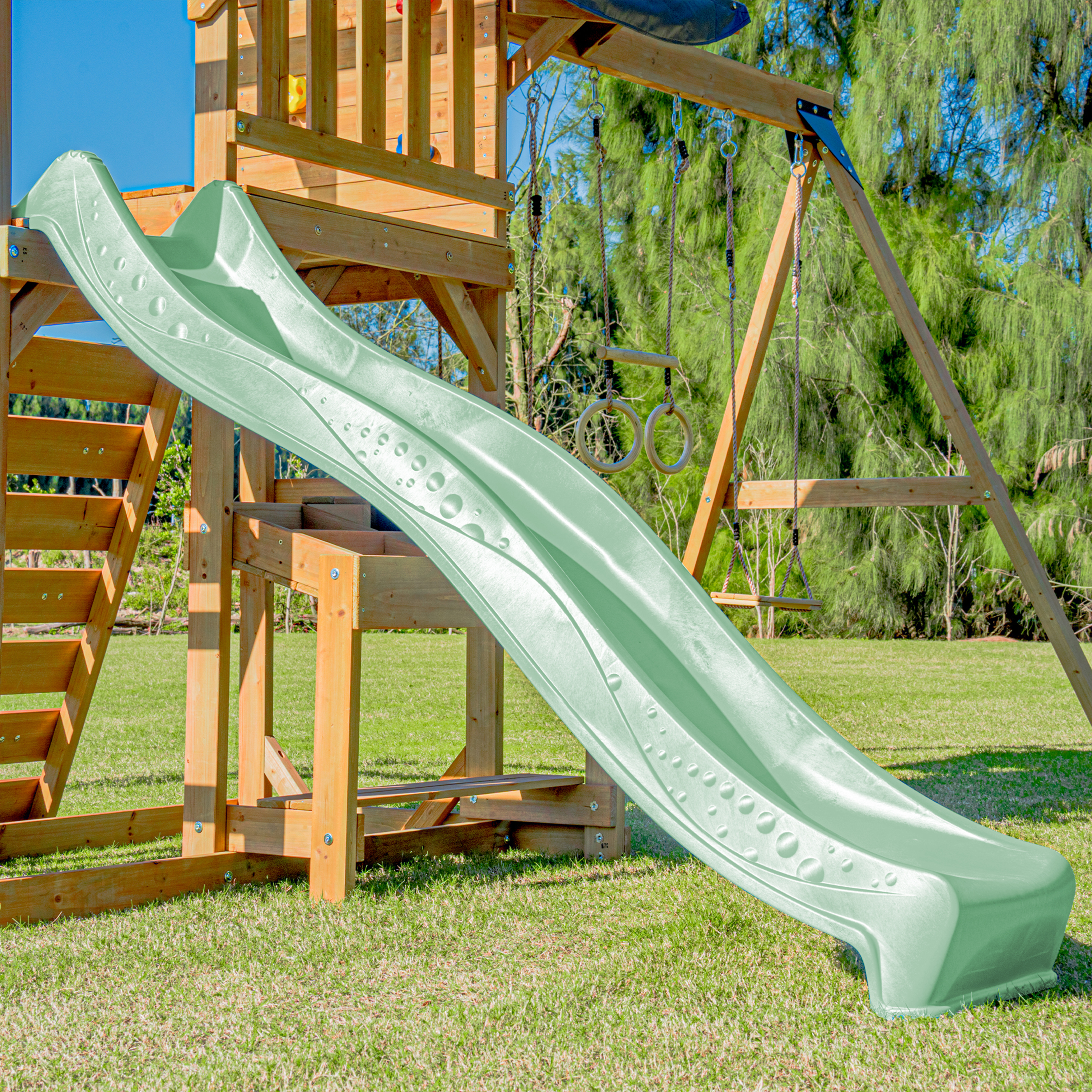 AXI Mitch Climbing Frame with Double Swing, Trapeze and Lookout Tower – Pastel Green Slide