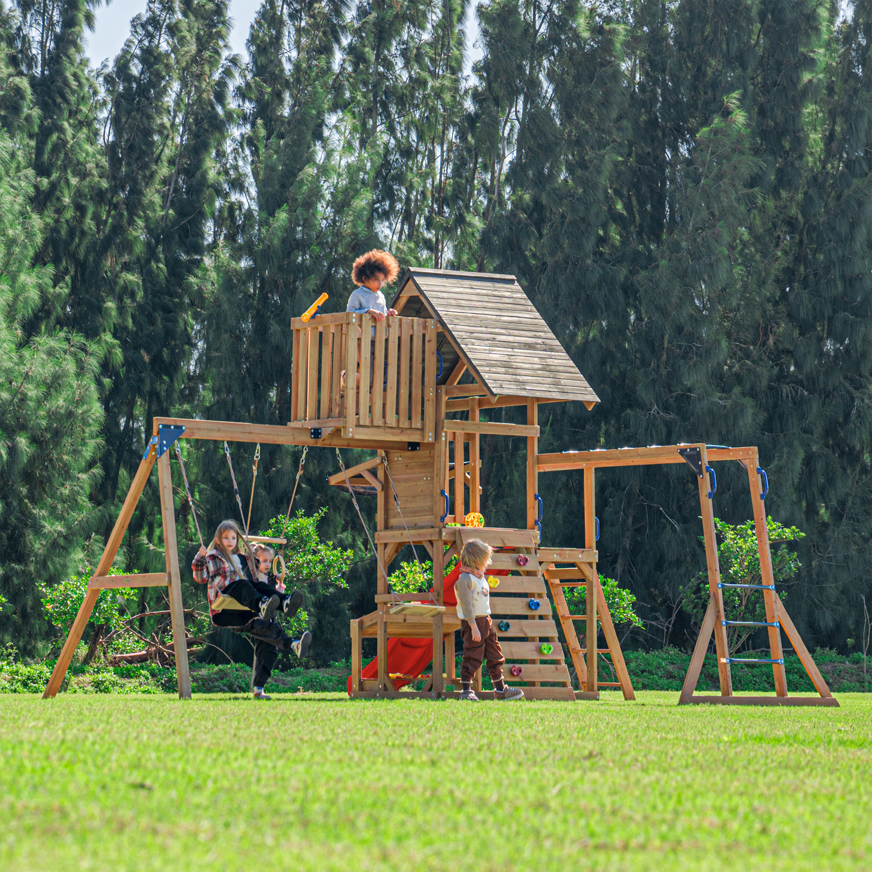 AXI Mitch Climbing Frame with Double Swing, Trapeze and Lookout Tower – Red Slide