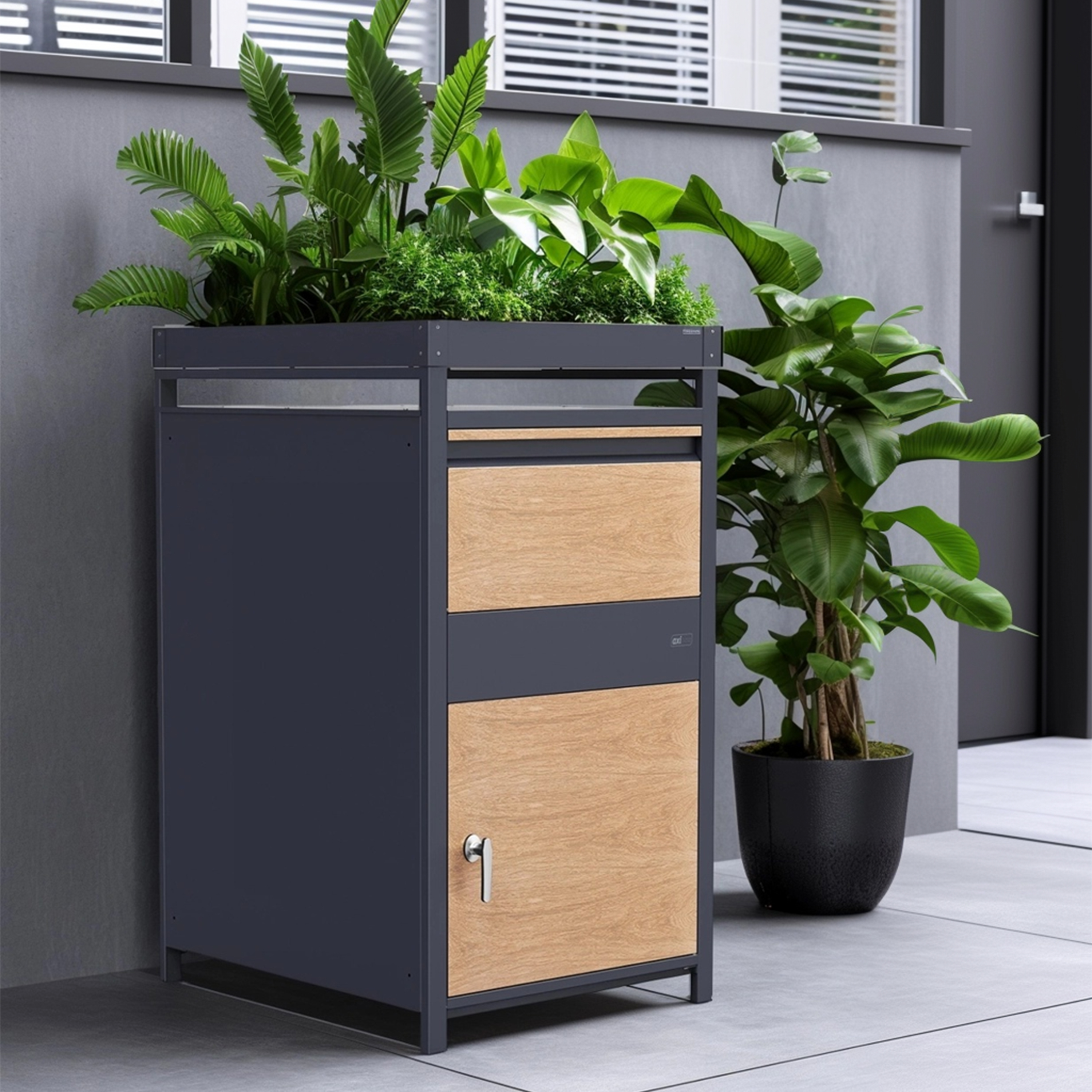 AXI Louis Metal Parcel Mailbox in Anthracite/Wood Look with Planter