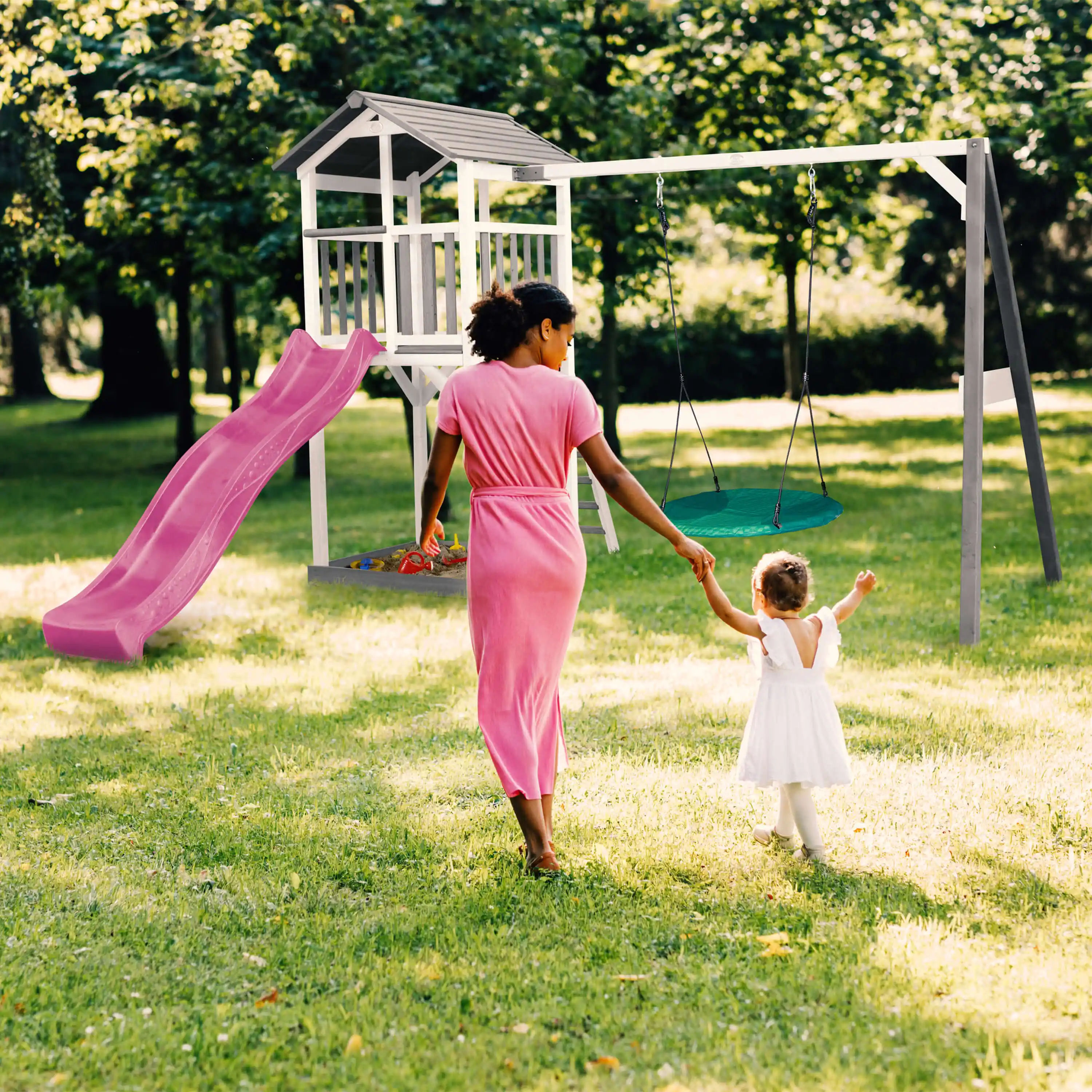 AXI Beach Tower with Summer Nest Swing Set Grey/White - Purple Slide