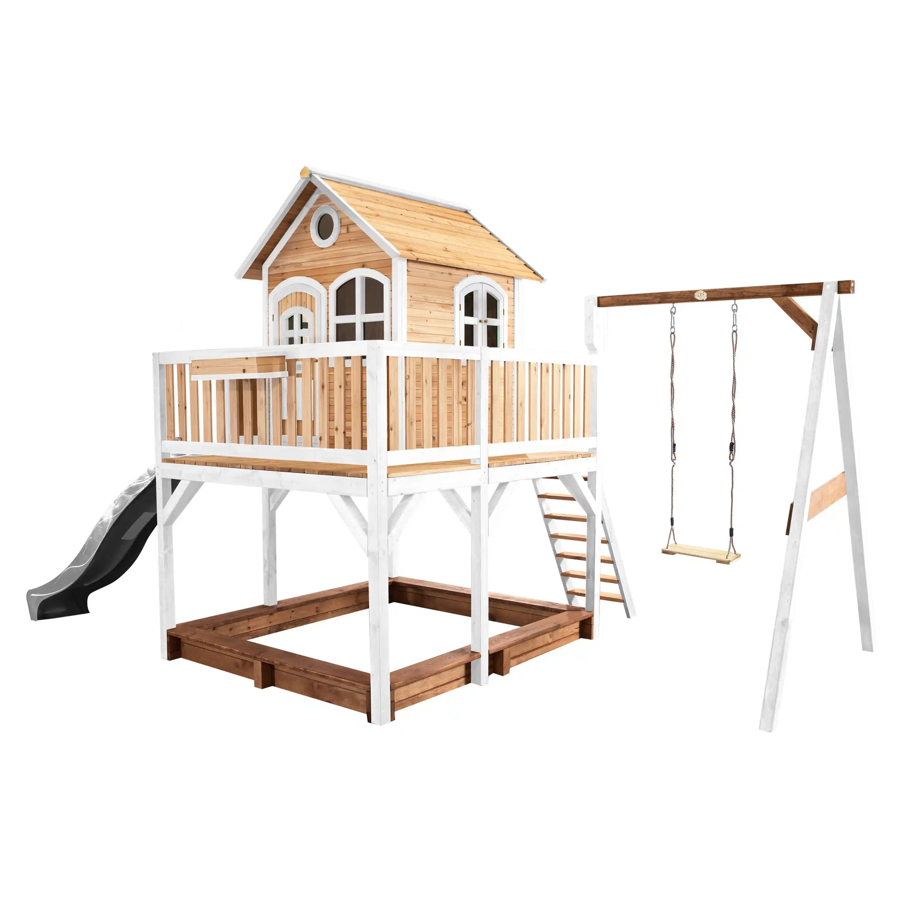 AXI Liam Playhouse with Single Swing Set Brown/White - Grey Slide