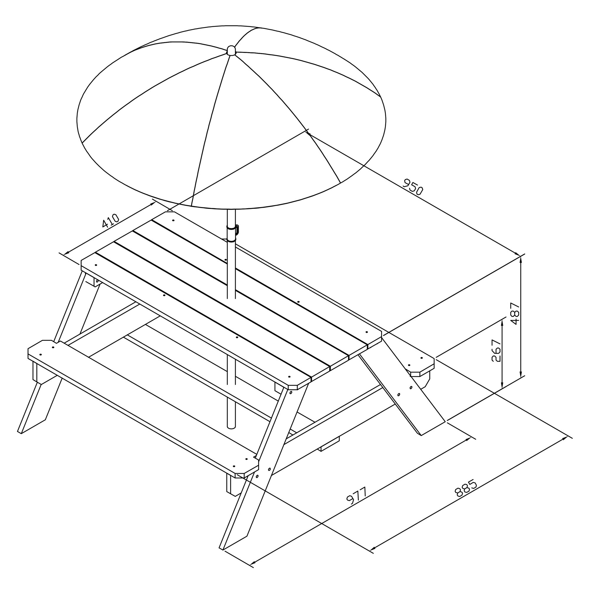 maattekening AXI Nick Picknicktafel Antraciet/bruin - Parasol Blauw/wit