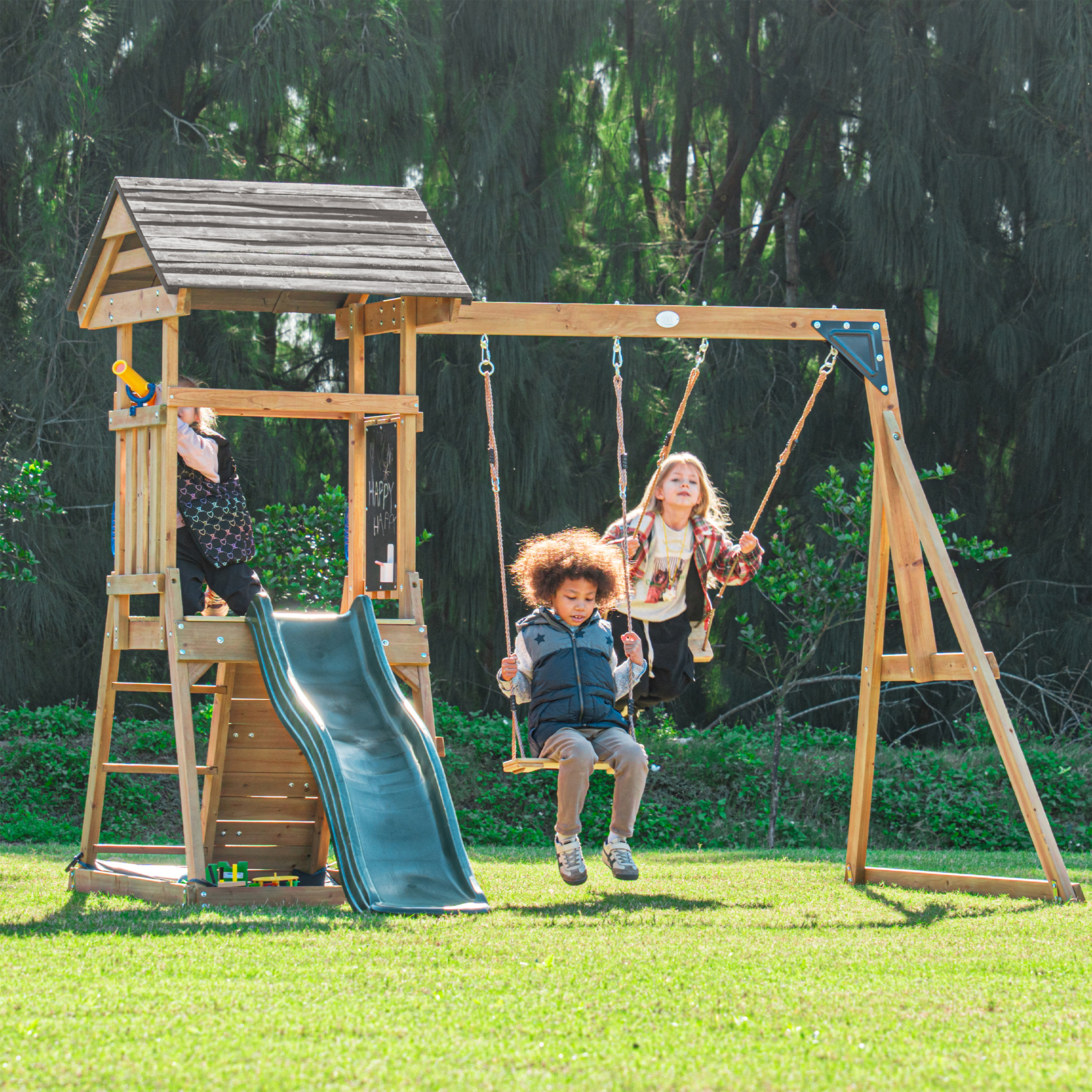 AXI Mia Climbing Frame with Double Swing Set – Green Slide