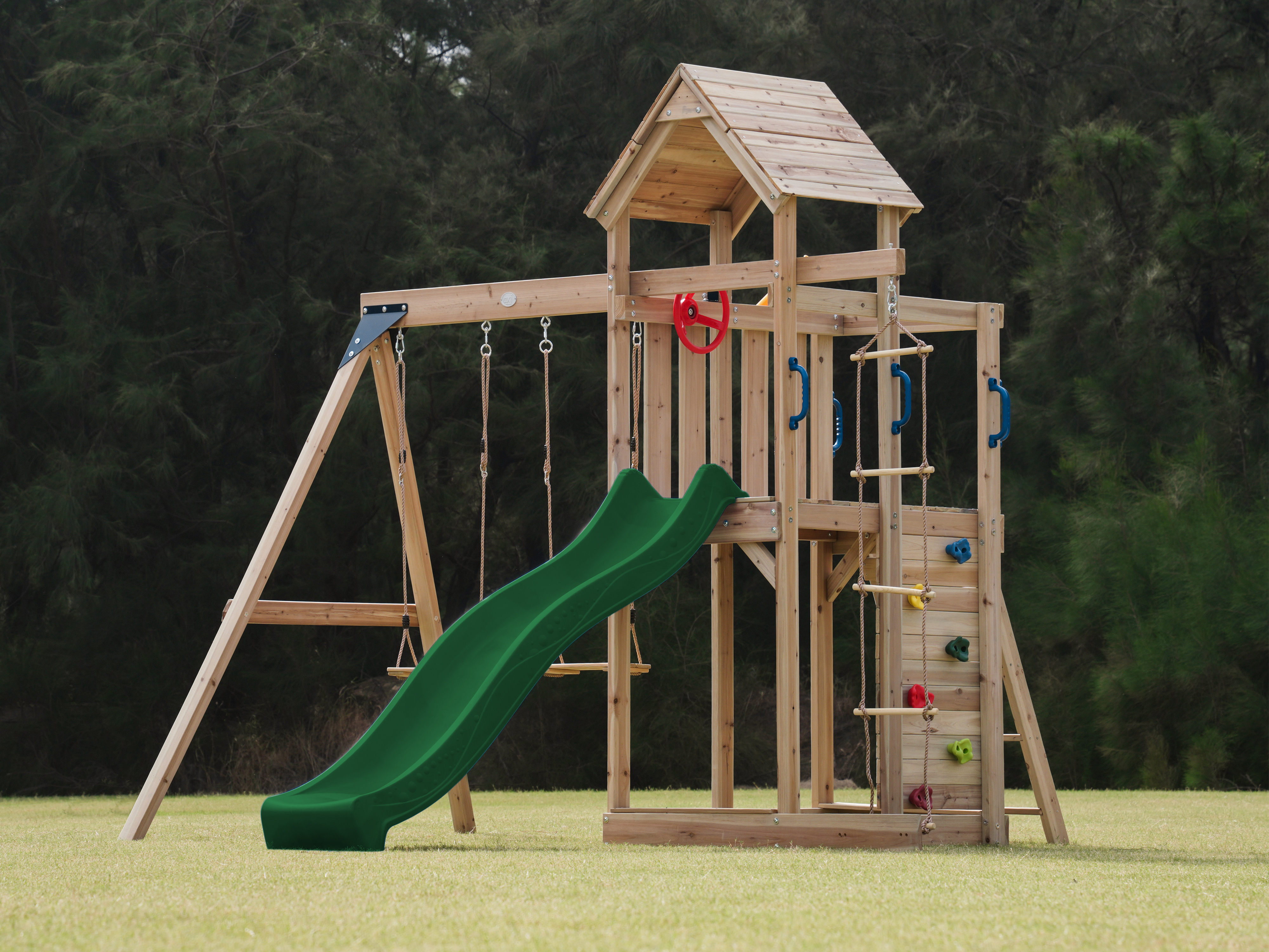 AXI Moos Climbing Frame with Double Swing Set - Green Slide
