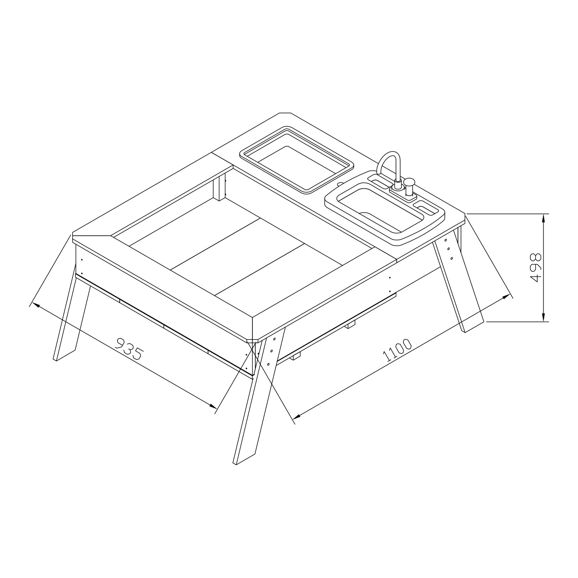 maattekening AXI Linda Zand & Water Tafel met Speelkeuken wastafel Bruin - Parasol Blauw/wit