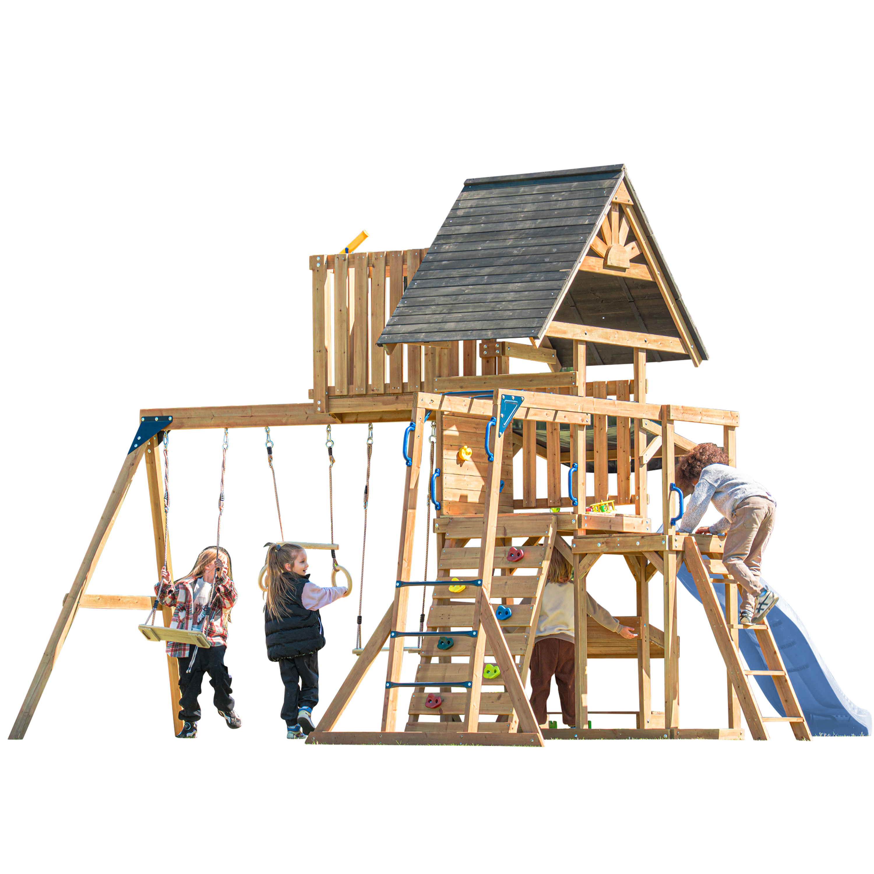 AXI Mitch Climbing Frame with Double Swing. Trapeze and Lookout Tower – Pastel Blue Slide