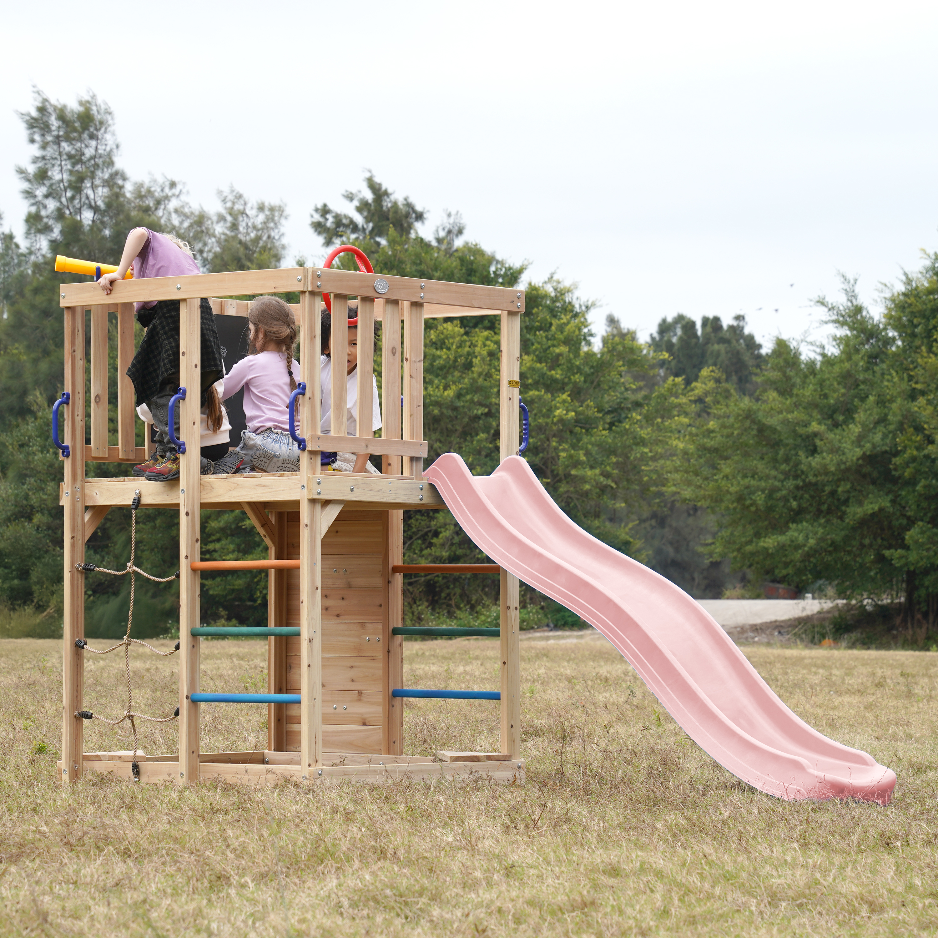 AXI Sam Climbing Frame with Climbing Wall, Climbing Net and Monkey Bars – Pastel Pink Slide