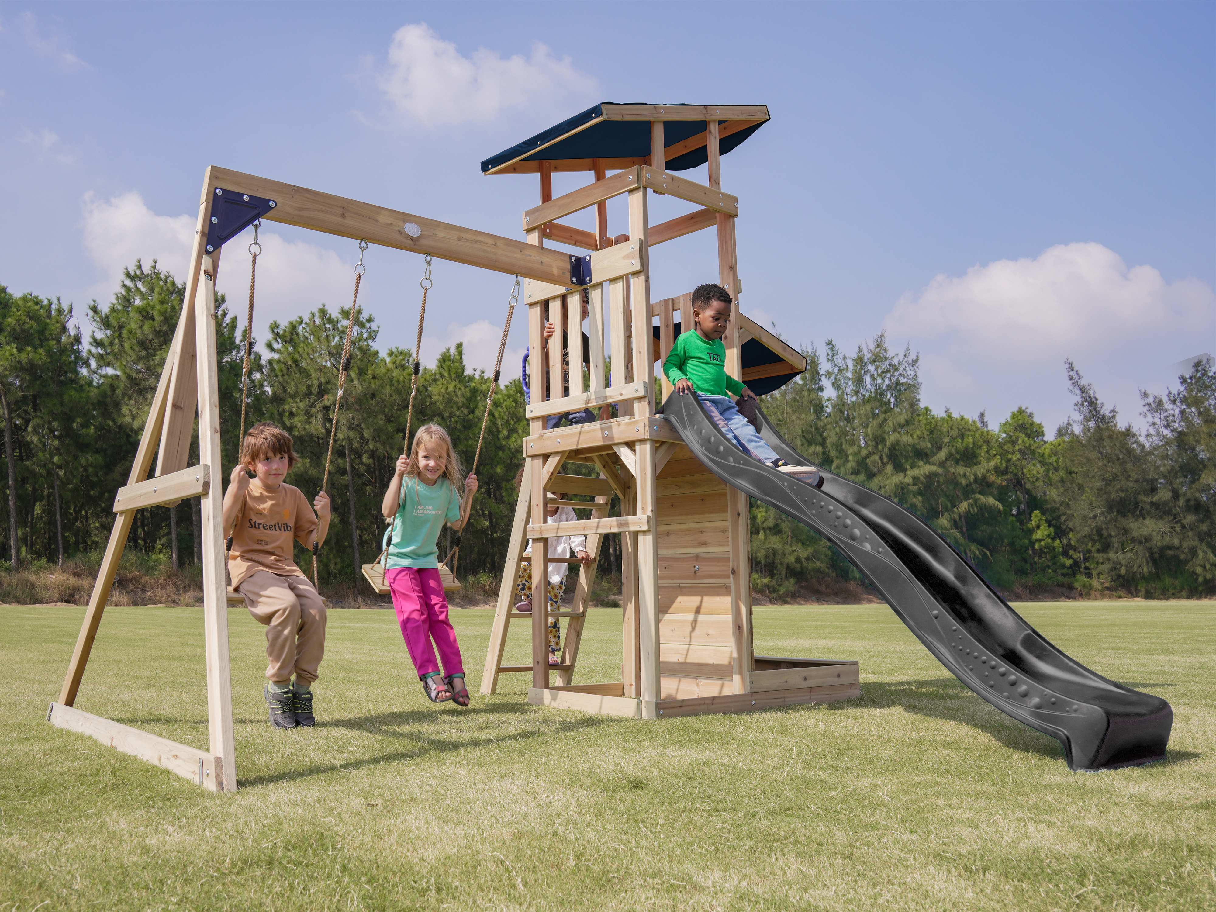 AXI Malik Climbing Frame with Double Swing Set - Grey Slide-8720365064401 AXI Malik Climbing Frame with Double Swing Set - Grey Slide