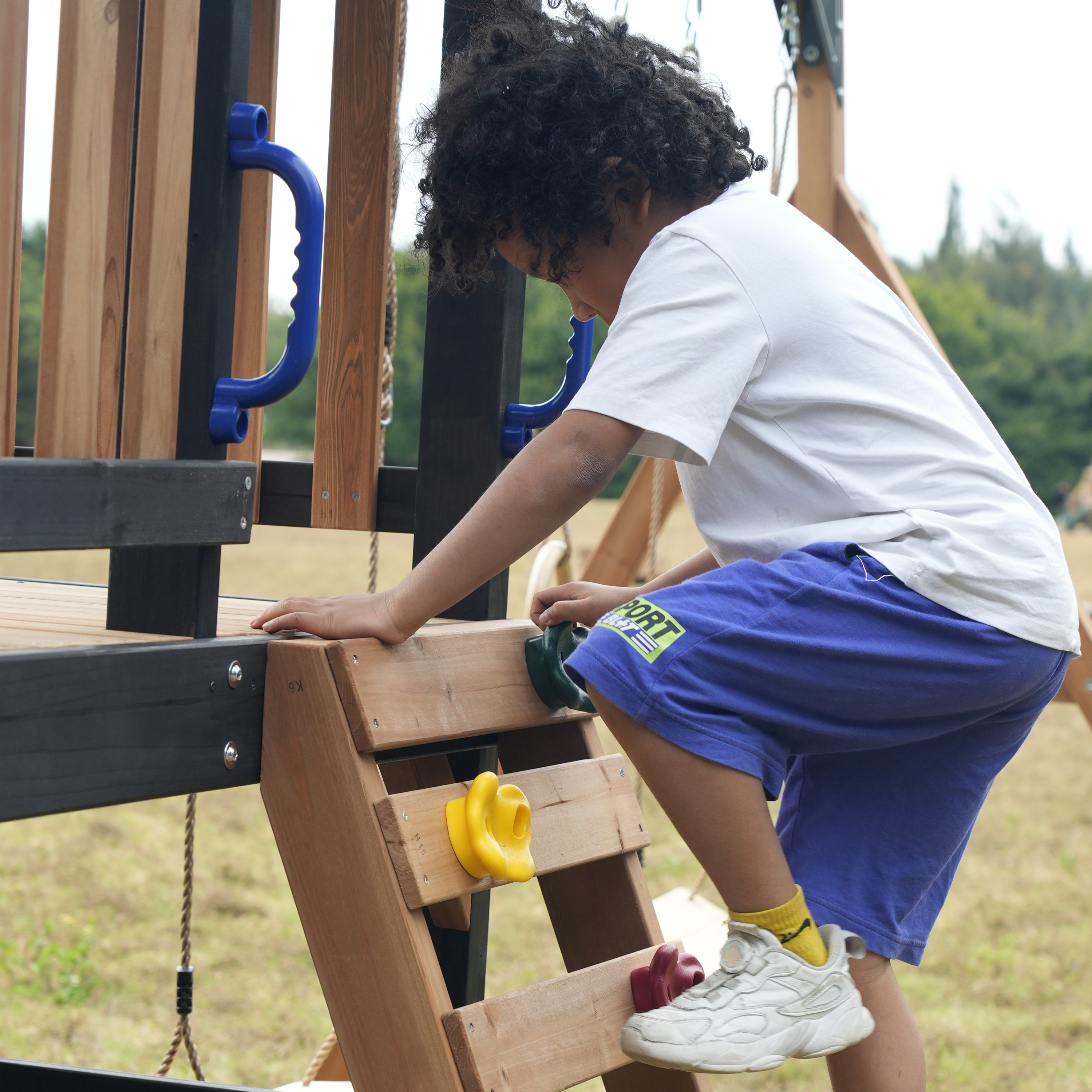 AXI Cody Climbing Frame with Swings. Trapeze and Climbing Wall – Pastel Blue Double Slide and Tube Slide
