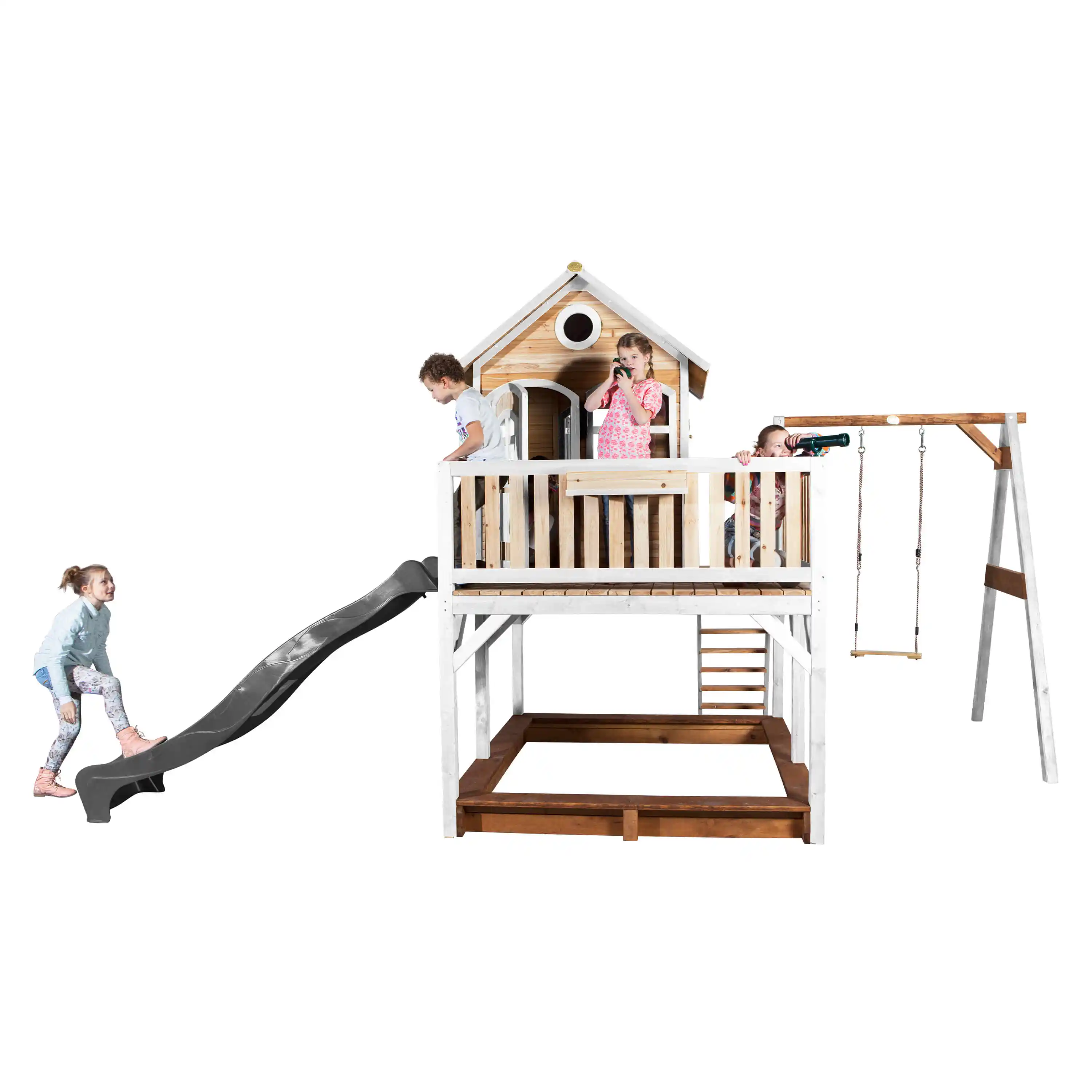 AXI Liam Playhouse with Single Swing Set Brown/White - Grey Slide