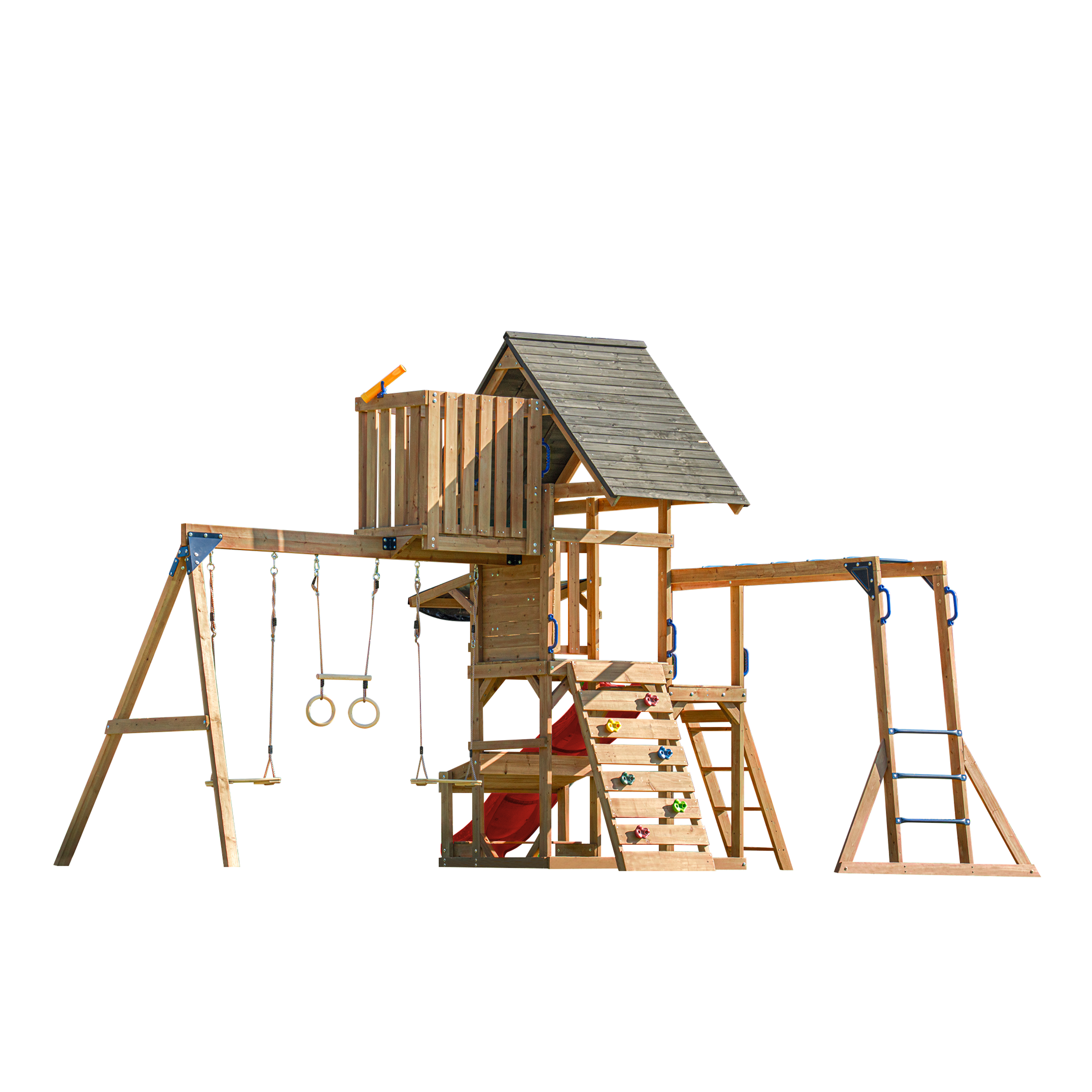 AXI Mitch Climbing Frame with Double Swing, Trapeze and Lookout Tower – Red Slide