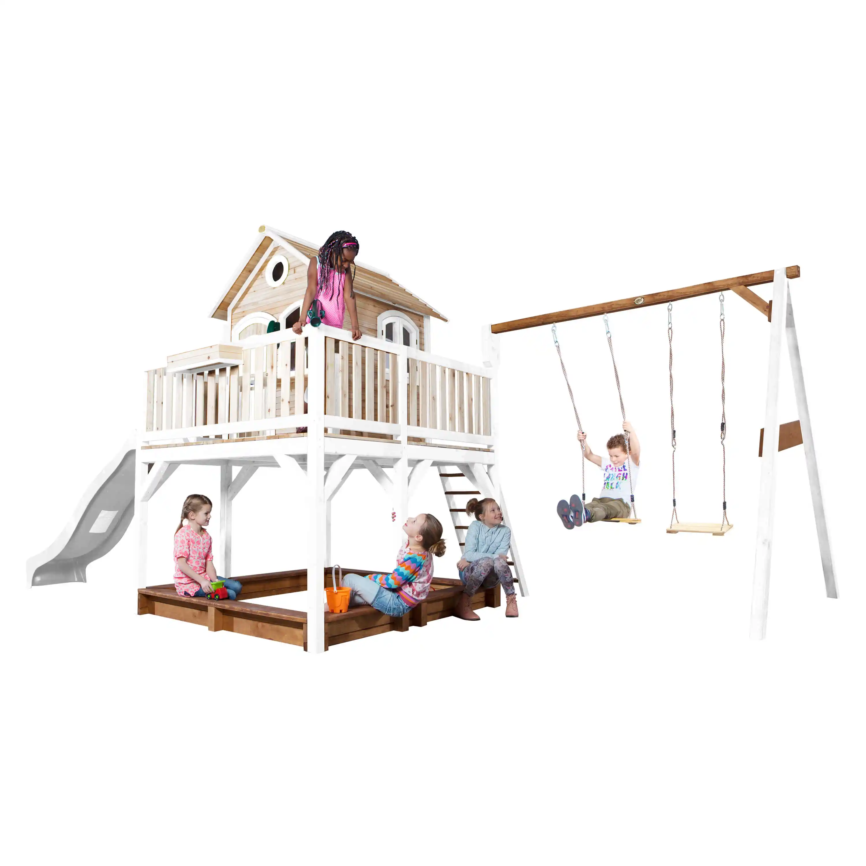 AXI Liam Playhouse with Double Swing Set Brown/White - White Slide