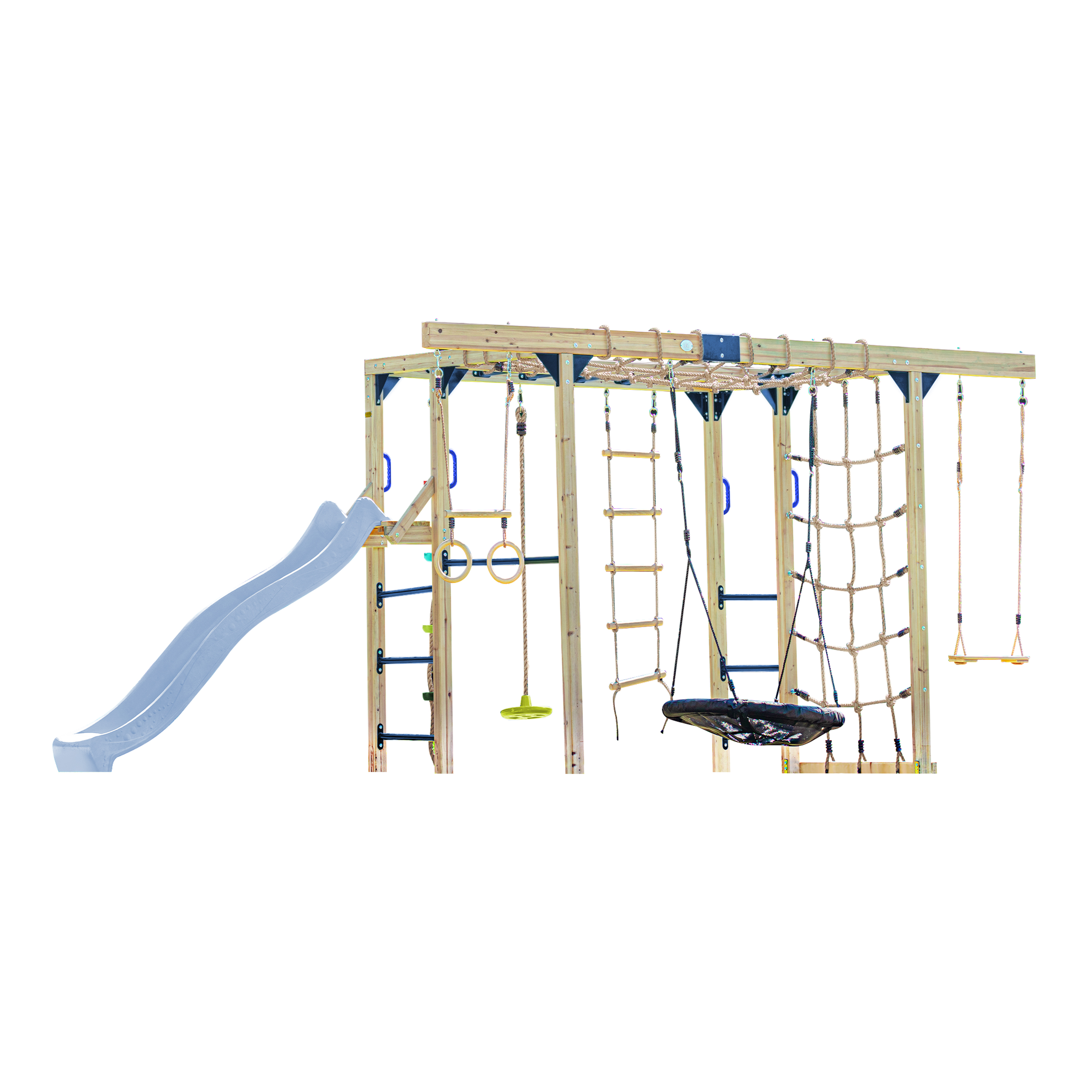 AXI Boris Wooden Playcentre with Swings, Trapeze, Climbing Nets and Monkey Bars – Pastel Blue Slide