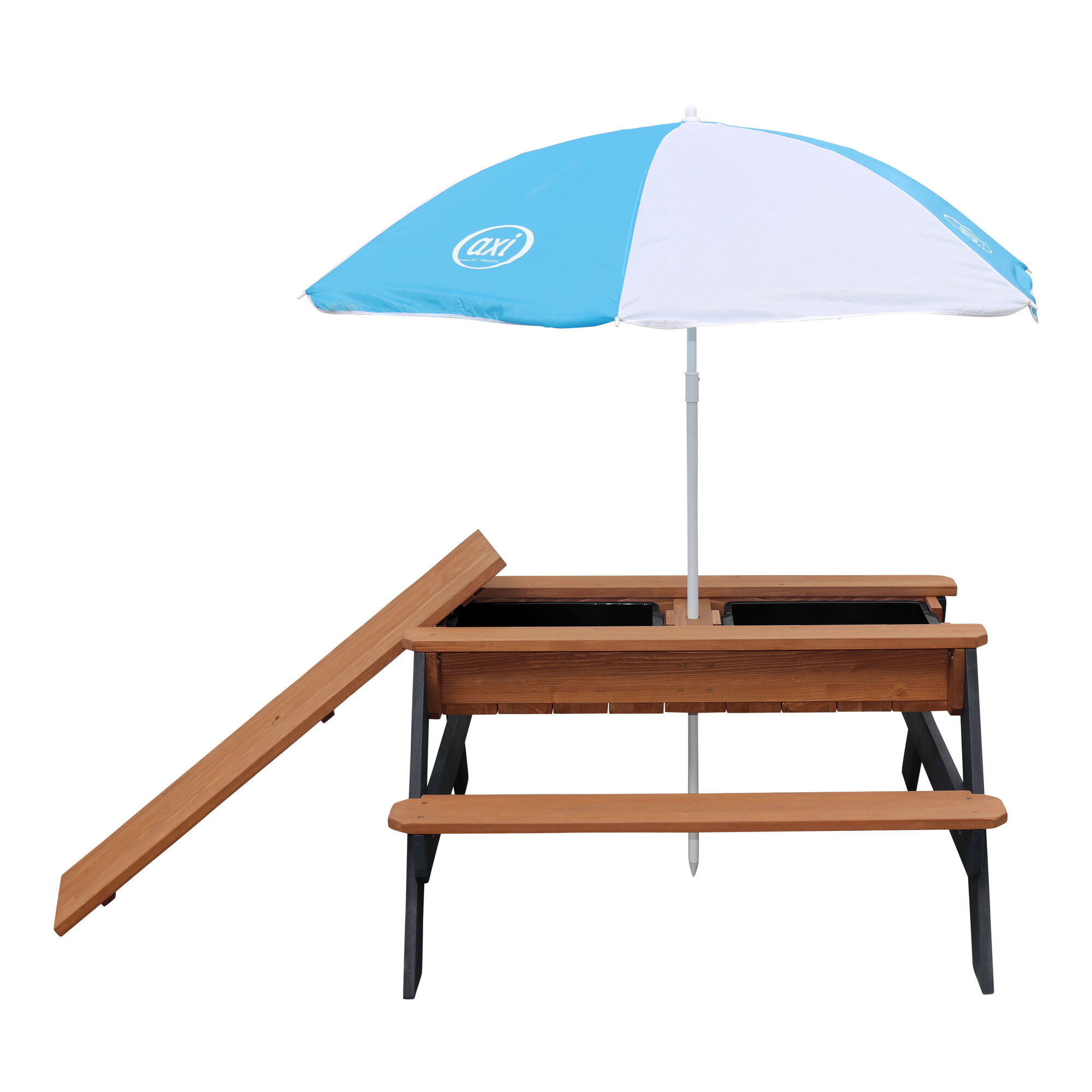 productfoto AXI Nick Zand & Water Picknicktafel Antraciet/bruin - Parasol Blauw/wit