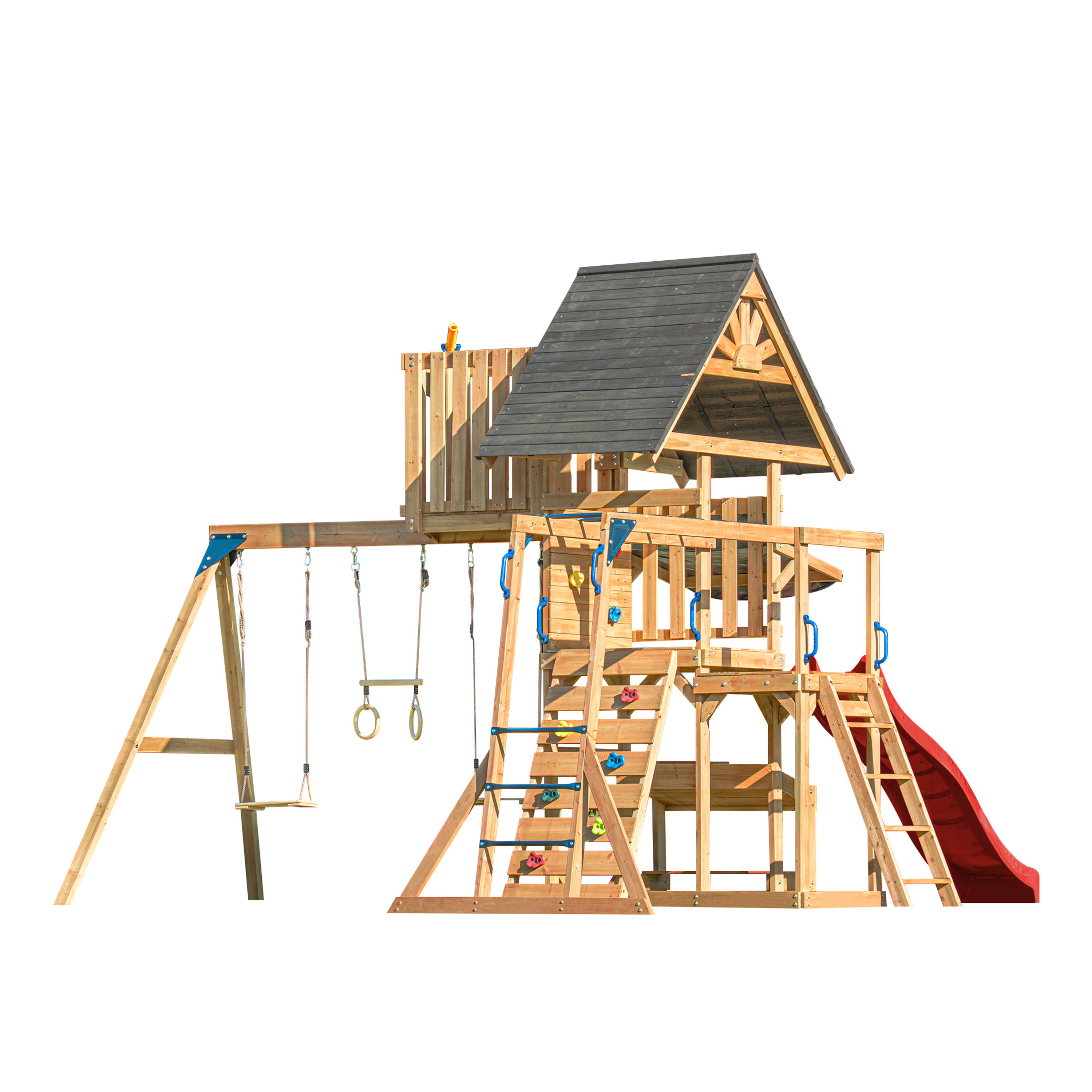 AXI Mitch Climbing Frame with Double Swing, Trapeze and Lookout Tower – Red Slide