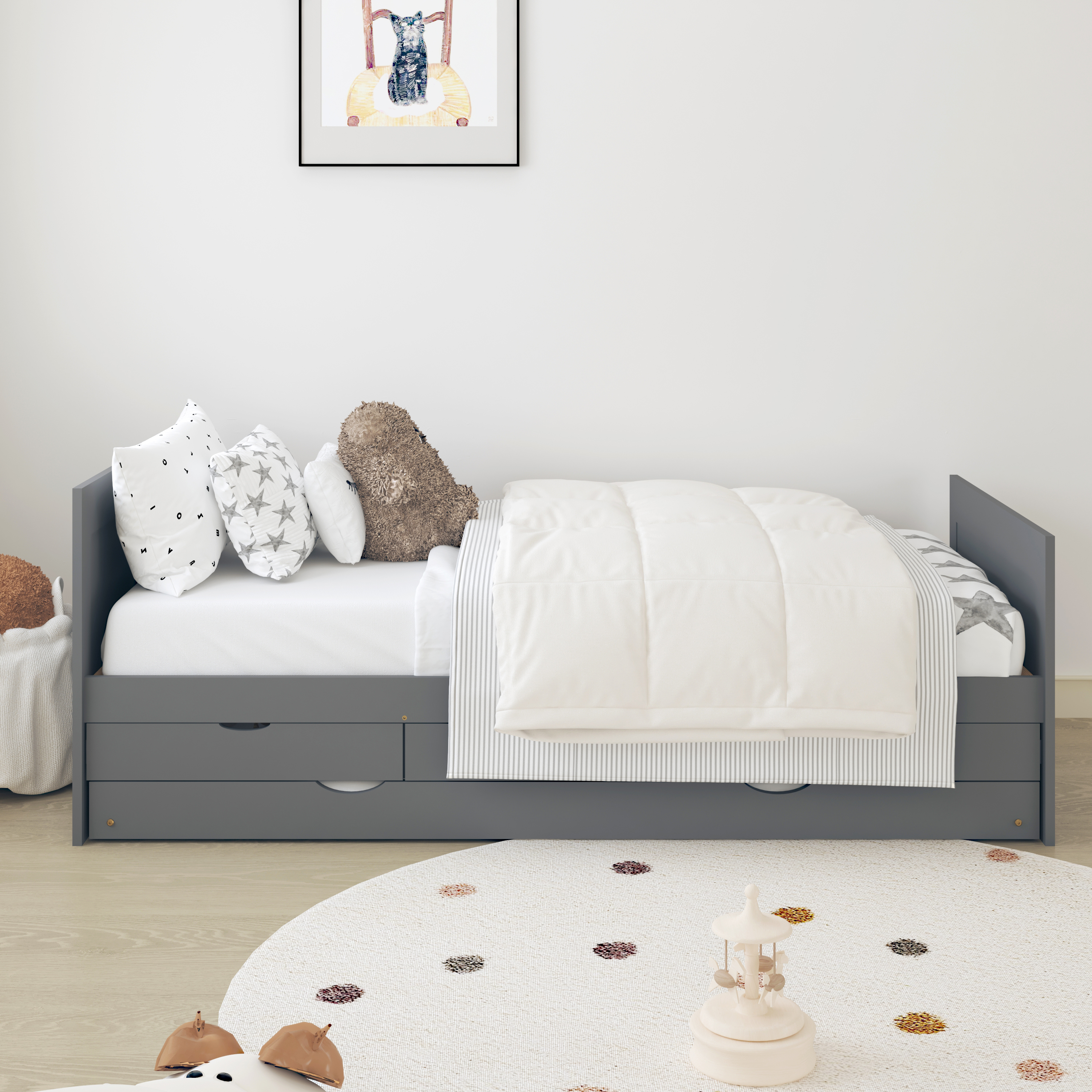 Sunny Eli Kids Bed with Pull-Out Bed and 3 Storage Drawers Grey – With Mattress
