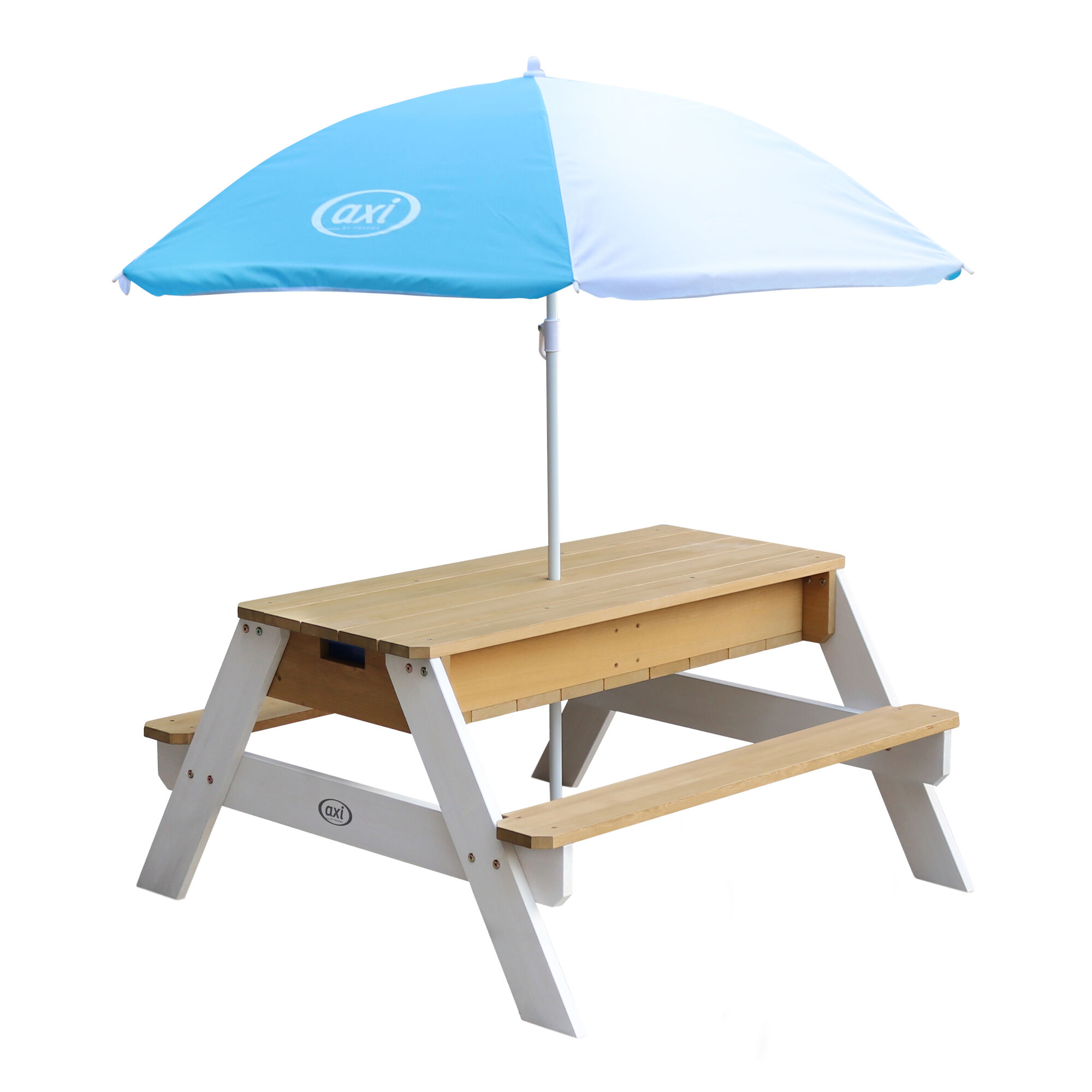 productfoto Nick Zand & Water Picknicktafel Bruin/wit Parasol Blauw/wit