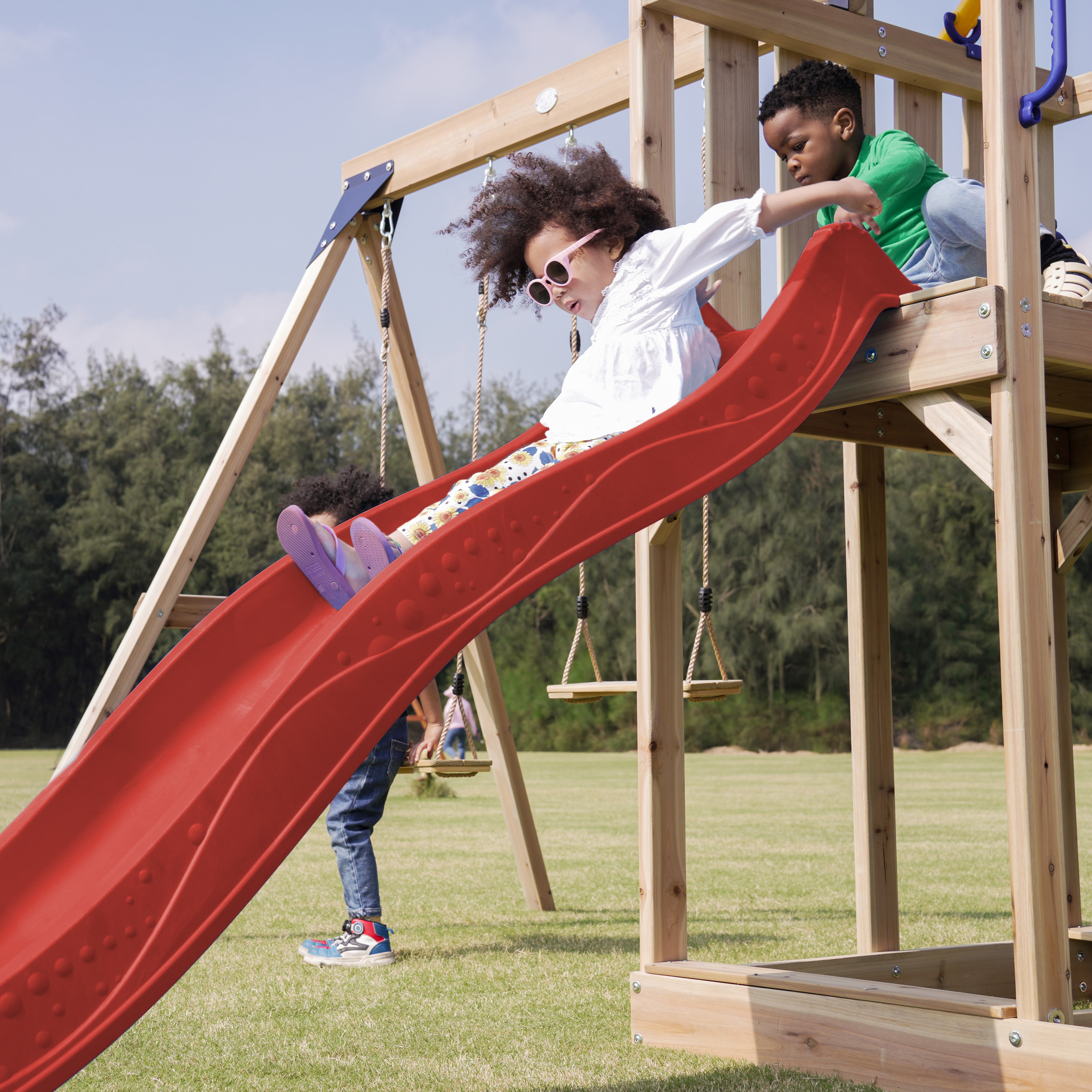 AXI Moos Climbing Frame with Double Swing Set - Red Slide