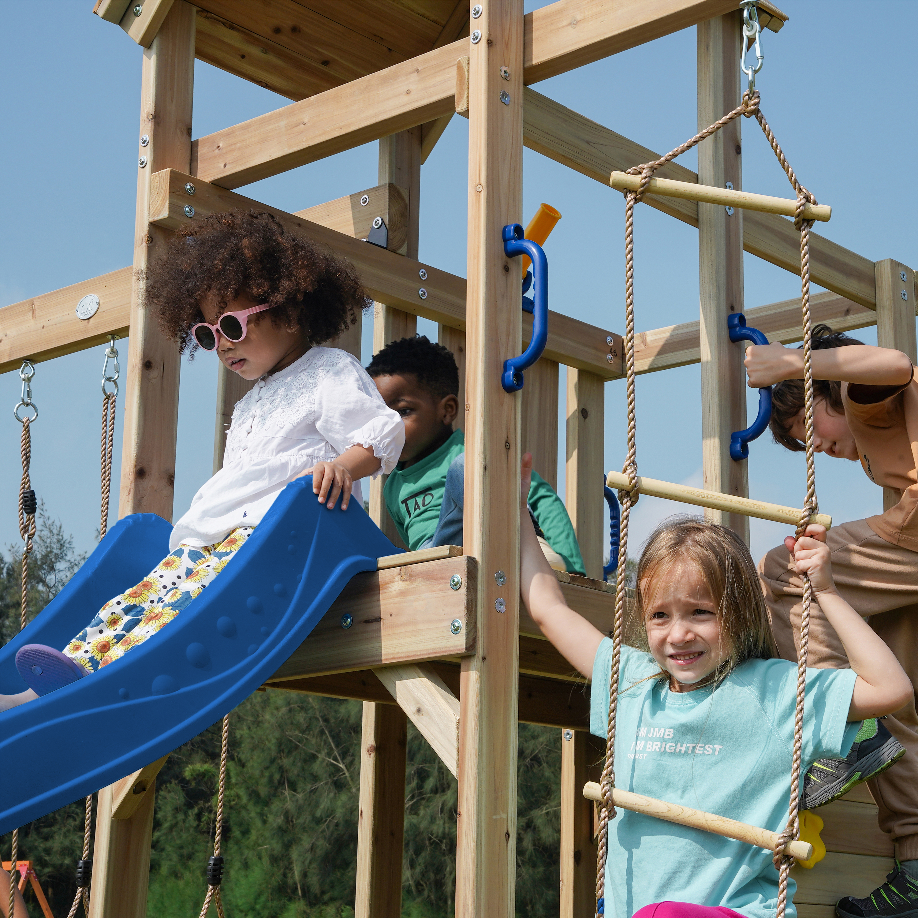 AXI Moos Climbing Frame with Double Swing Set - Blue Slide