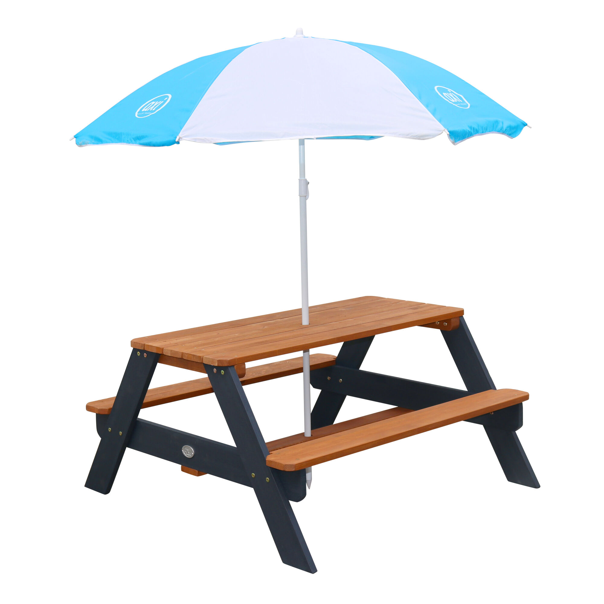 AXI Nick Picknicktafel Antraciet/bruin - Parasol Blauw/wit