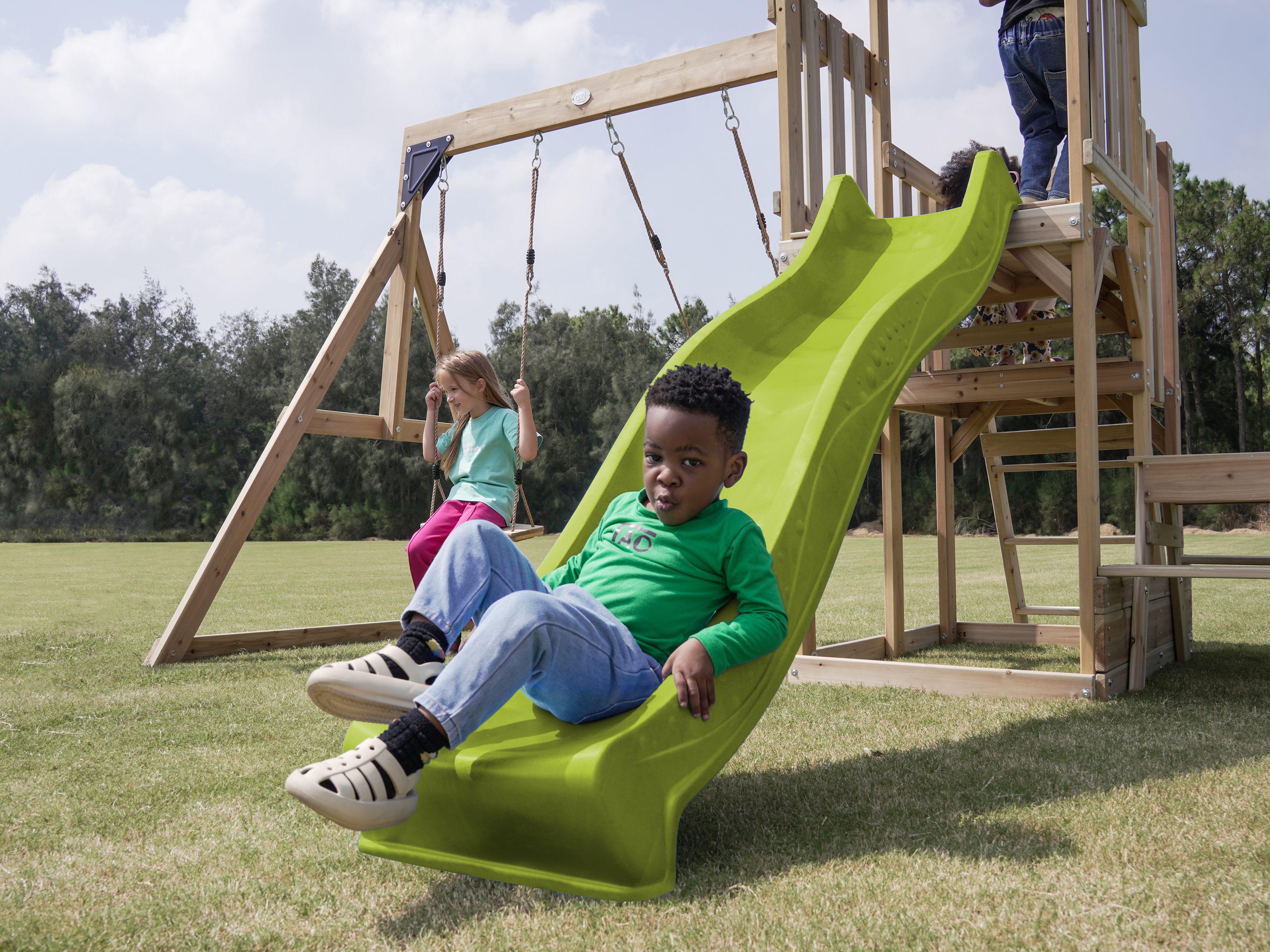 AXI Mette Climbing Frame with Double Swing Set and Picnic Table - Lime Green Slide