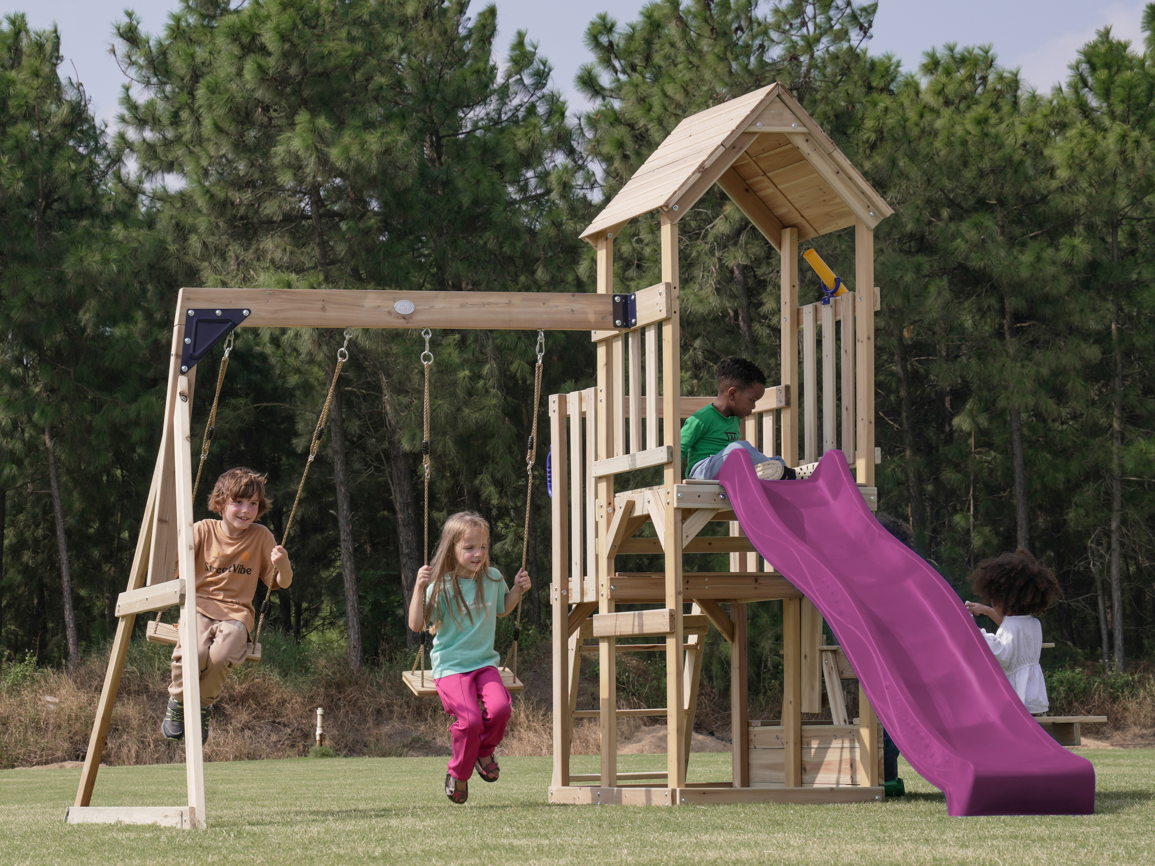 AXI Mette Climbing Frame with Double Swing Set and Picnic Table - Purple Slide