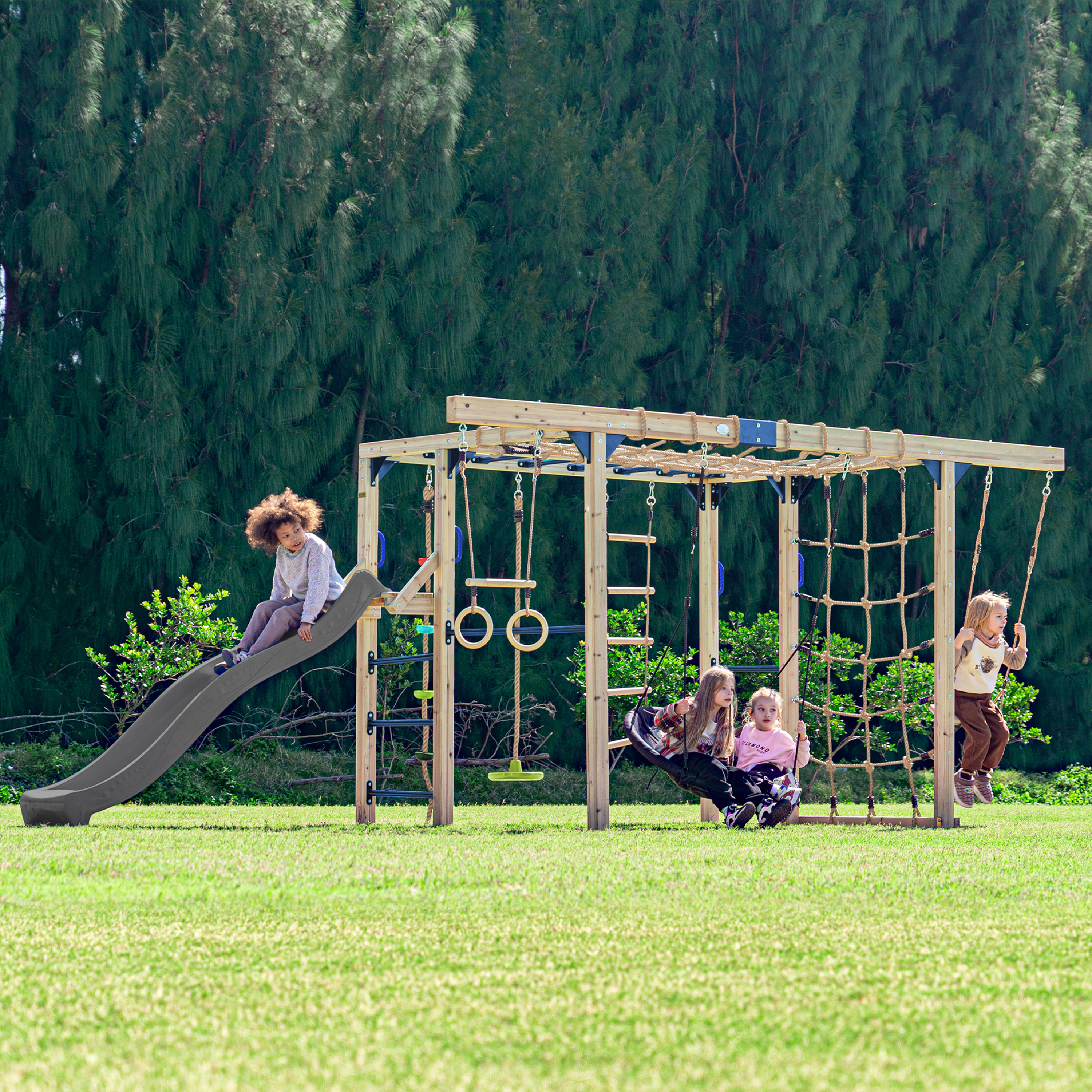 AXI Boris Wooden Playcentre with Swings. Trapeze. Climbing Nets and Monkey Bars – Grey Slide