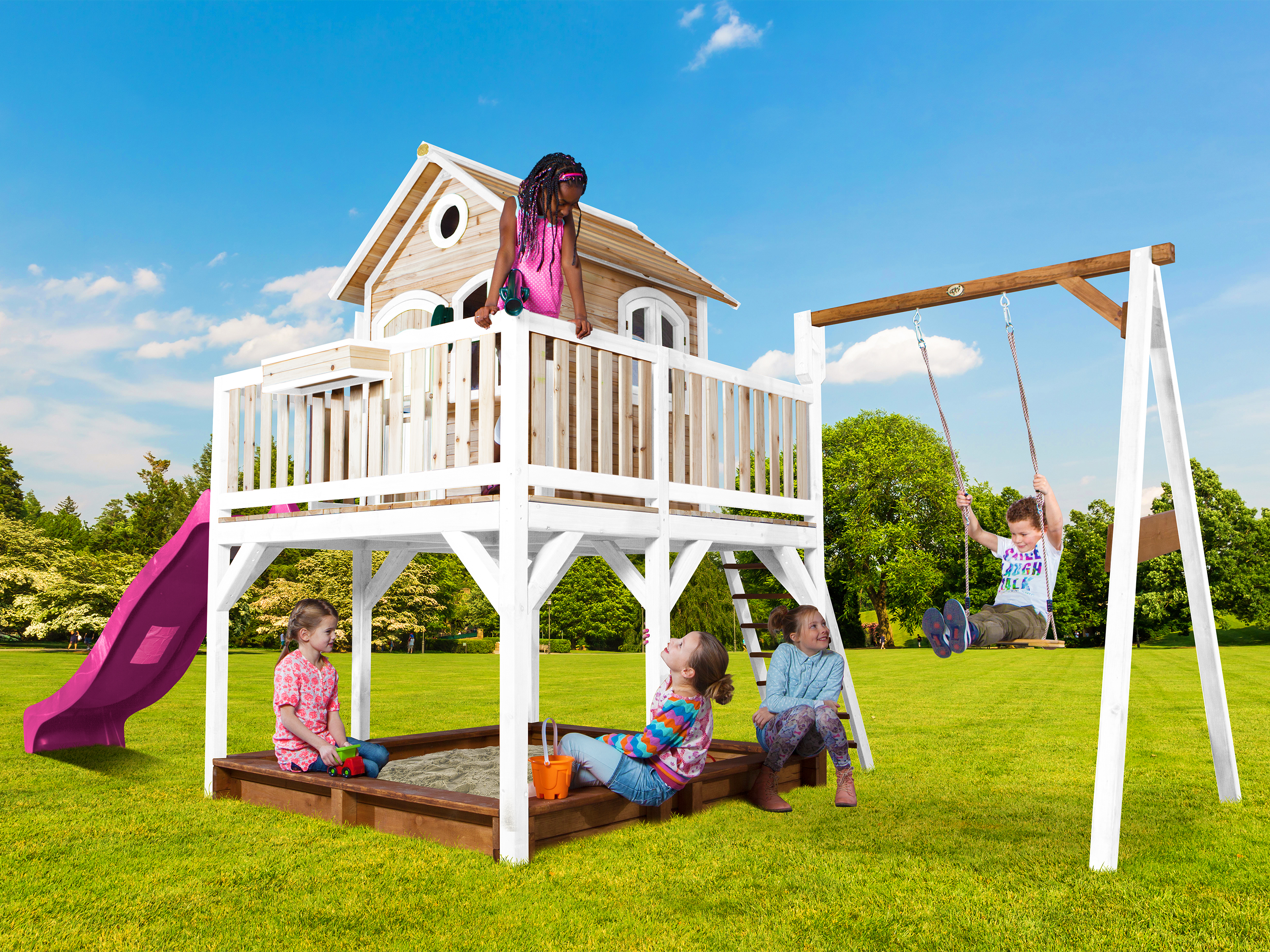 AXI Liam Playhouse with Single Swing Set Brown/White - Purple Slide