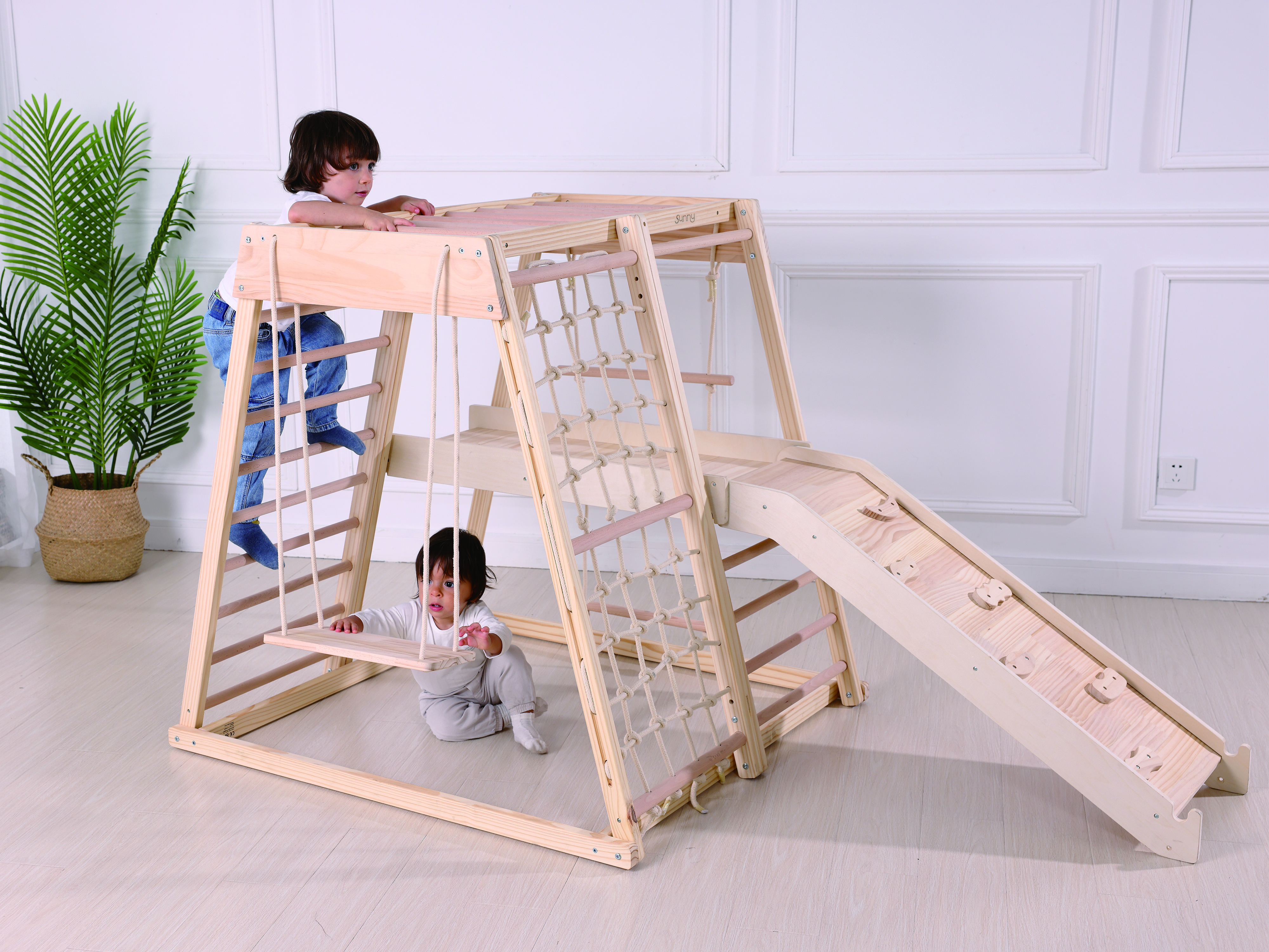 Sunny Mickie Wooden Climbing Tower with Slide and Swing - Natural