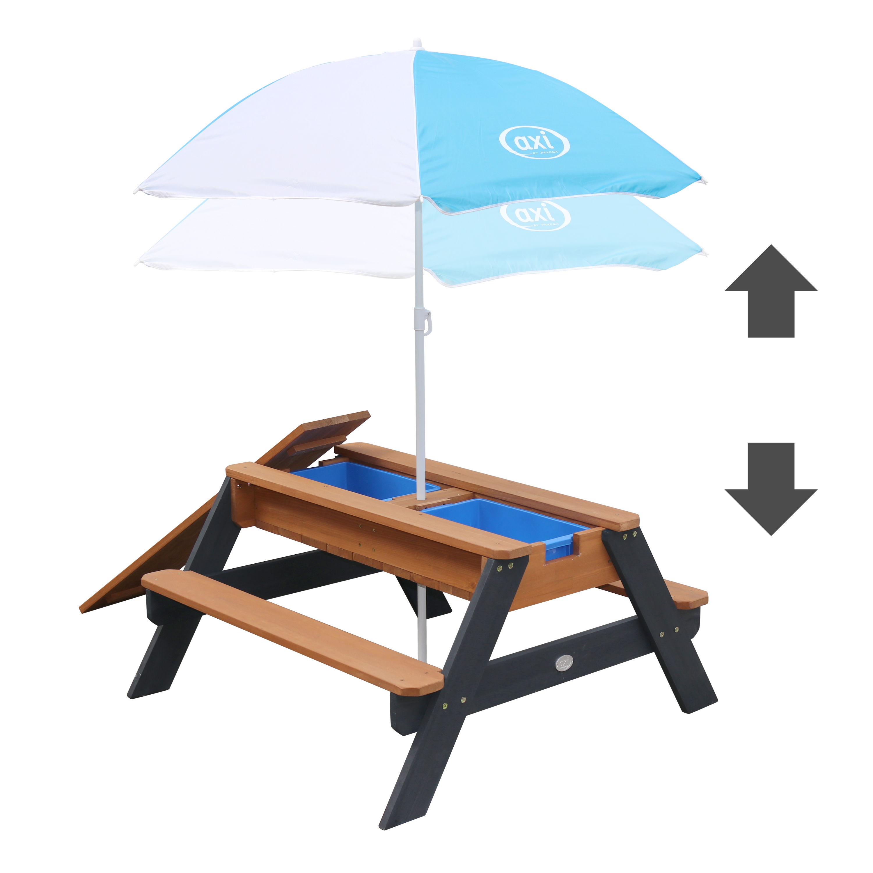 AXI Nick Zand & Water Picknicktafel Antraciet/bruin Limited - Parasol Blauw/wit