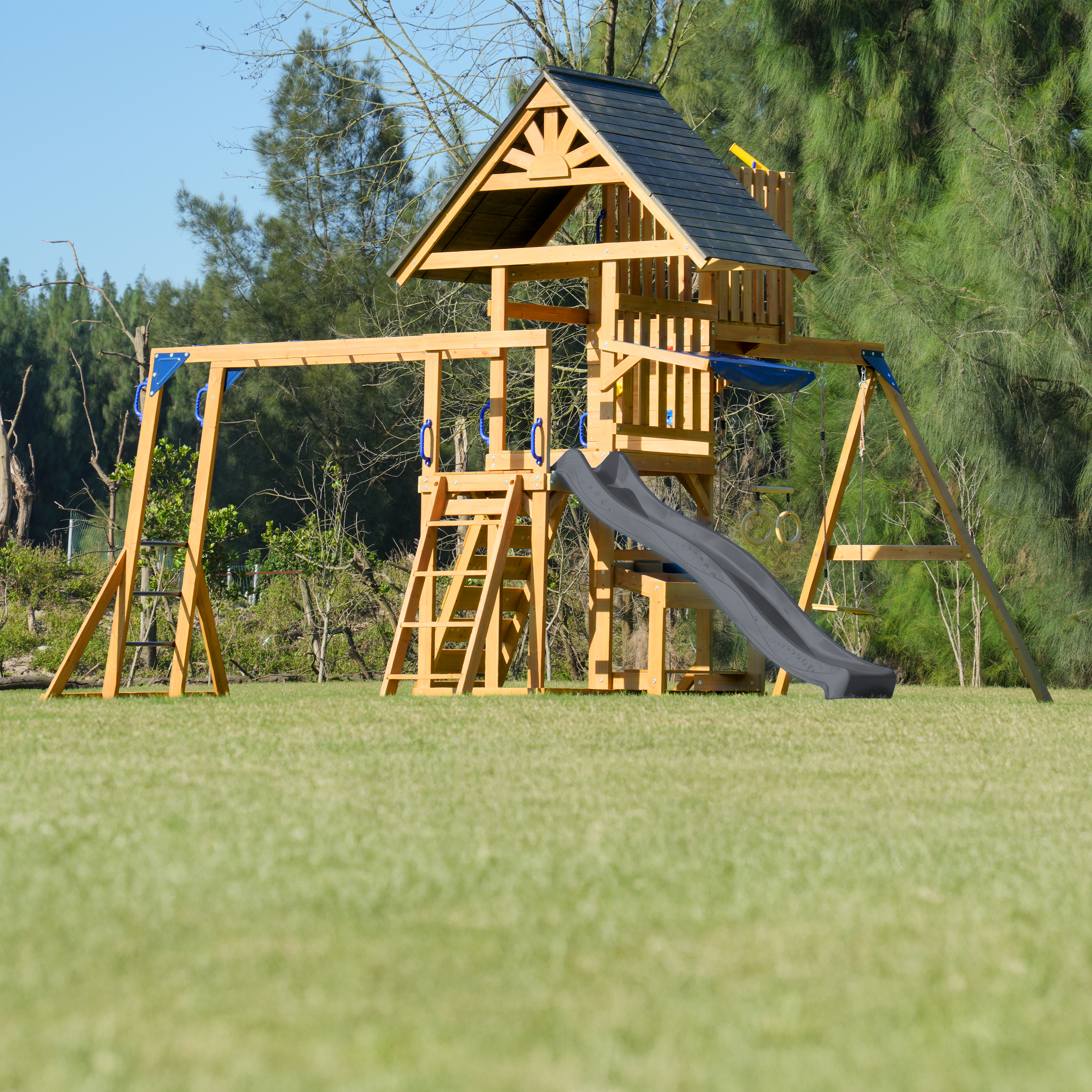 AXI Mitch Climbing Frame with Double Swing, Trapeze and Lookout Tower – Grey Slide