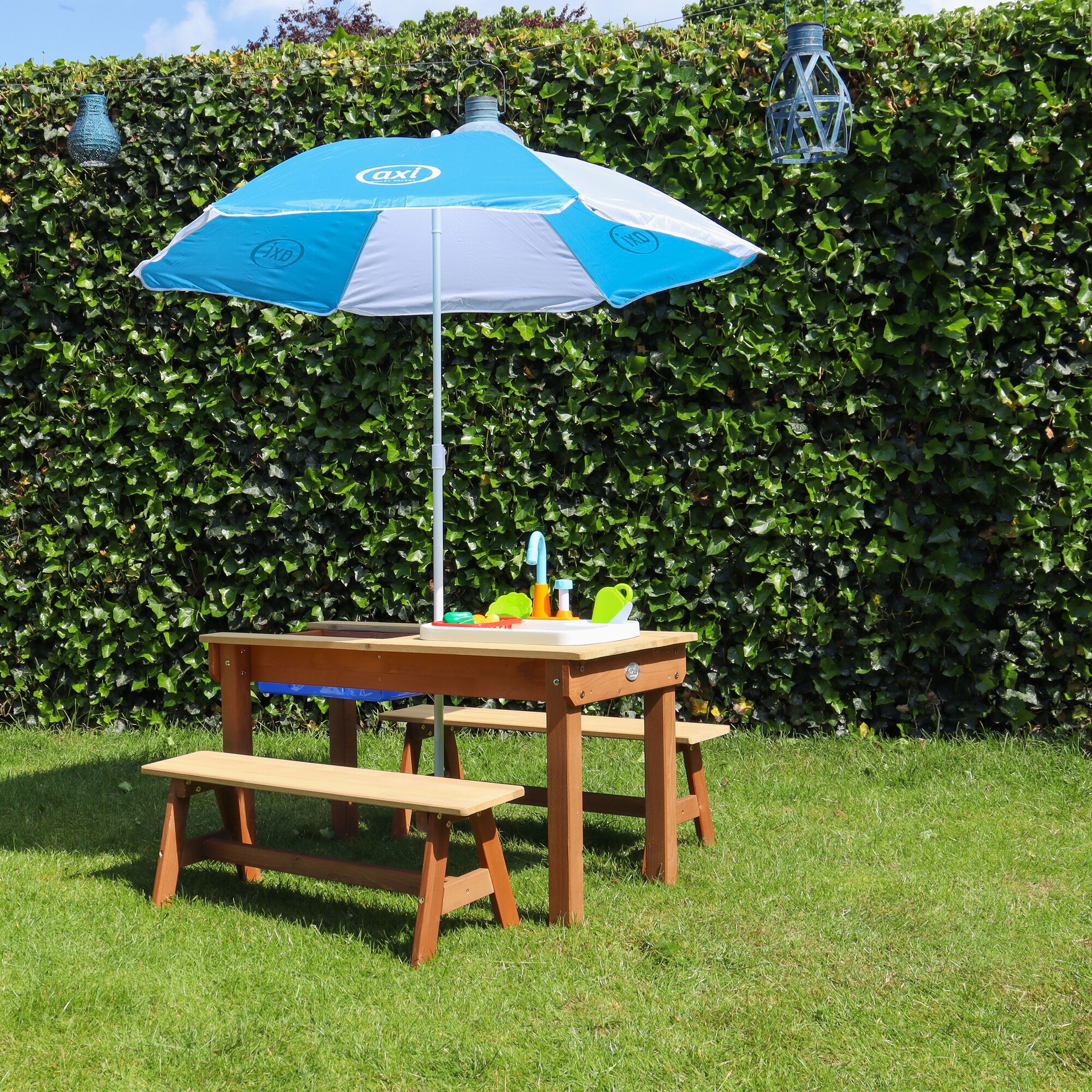 AXI Dennis Sand & Water Picnic Table with Play Kitchen Sink and Benches Brown - Umbrella Blue/White