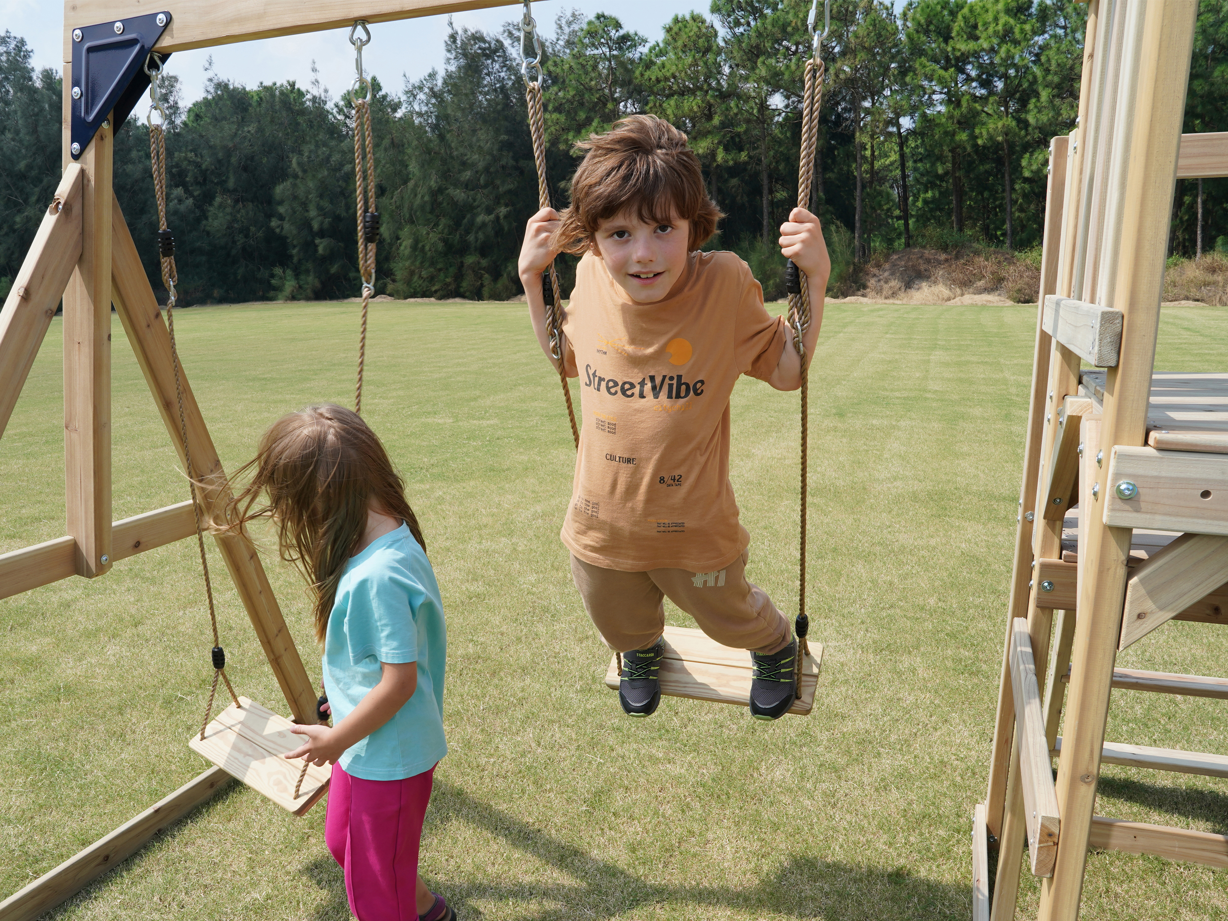 AXI Mette Climbing Frame with Double Swing Set and Picnic Table - Grey Slide