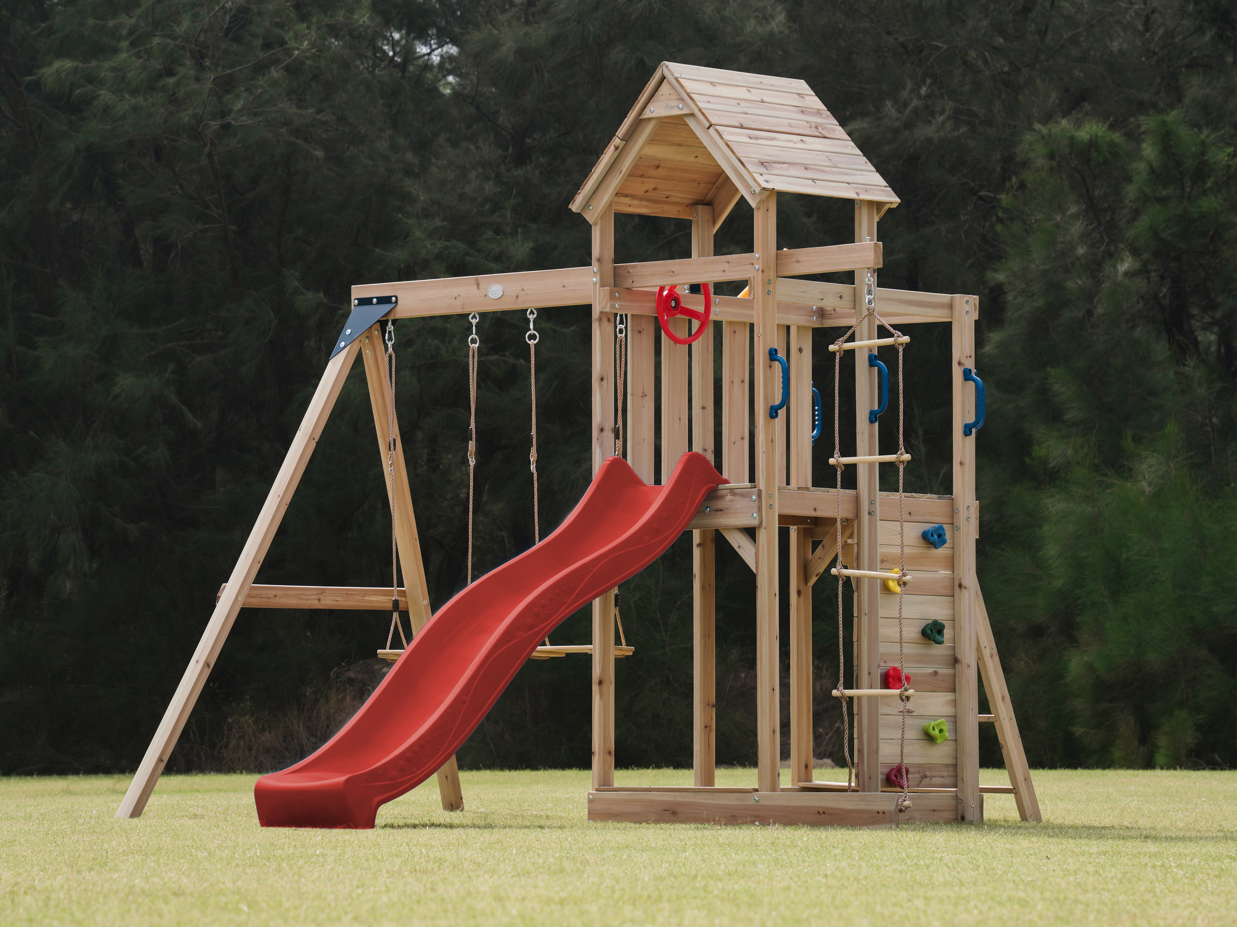 AXI Moos Climbing Frame with Double Swing Set - Red Slide