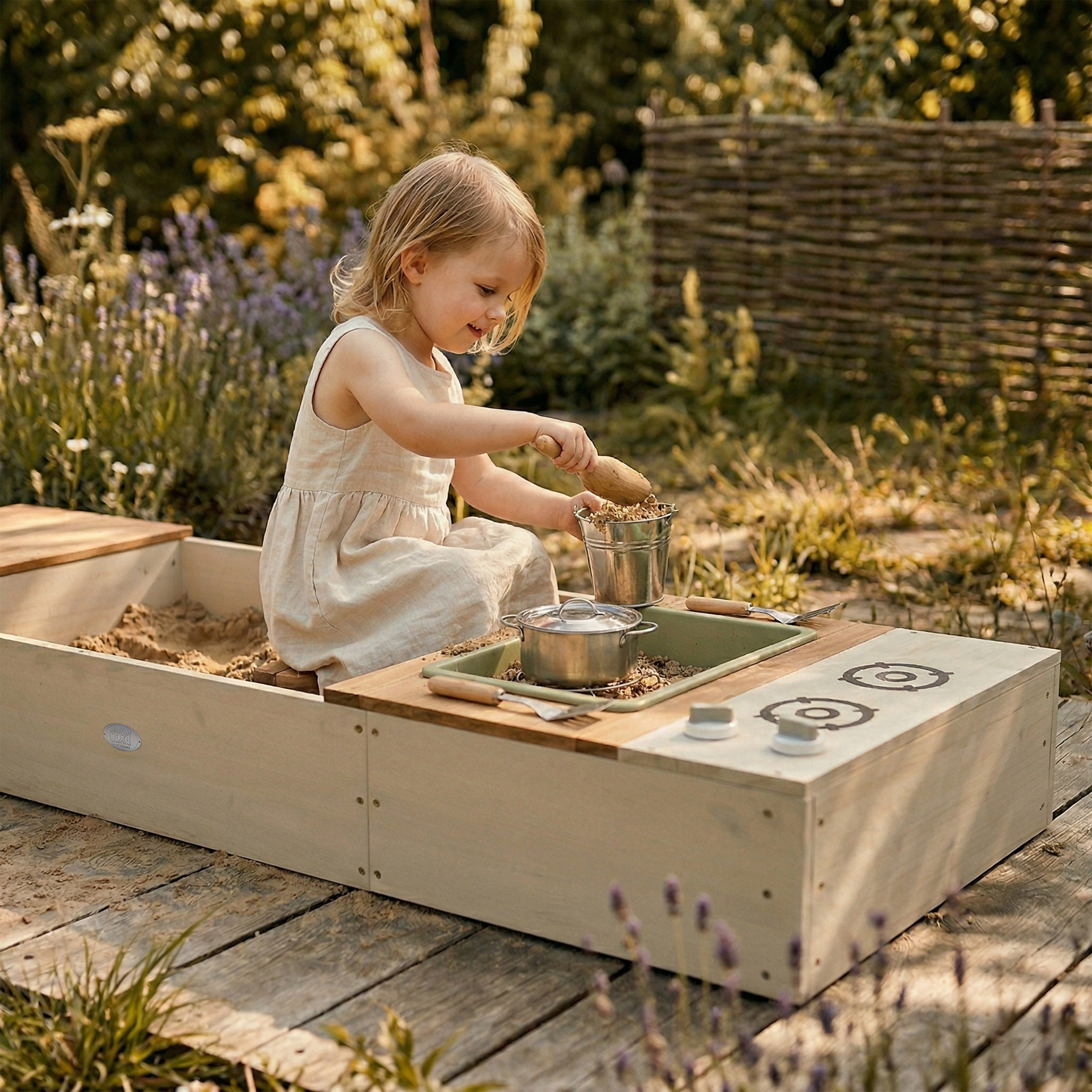 AXI Pippa Sandbox with Play Kitchen and Storage Bench - 160 x 50 cm - Beige/Brown